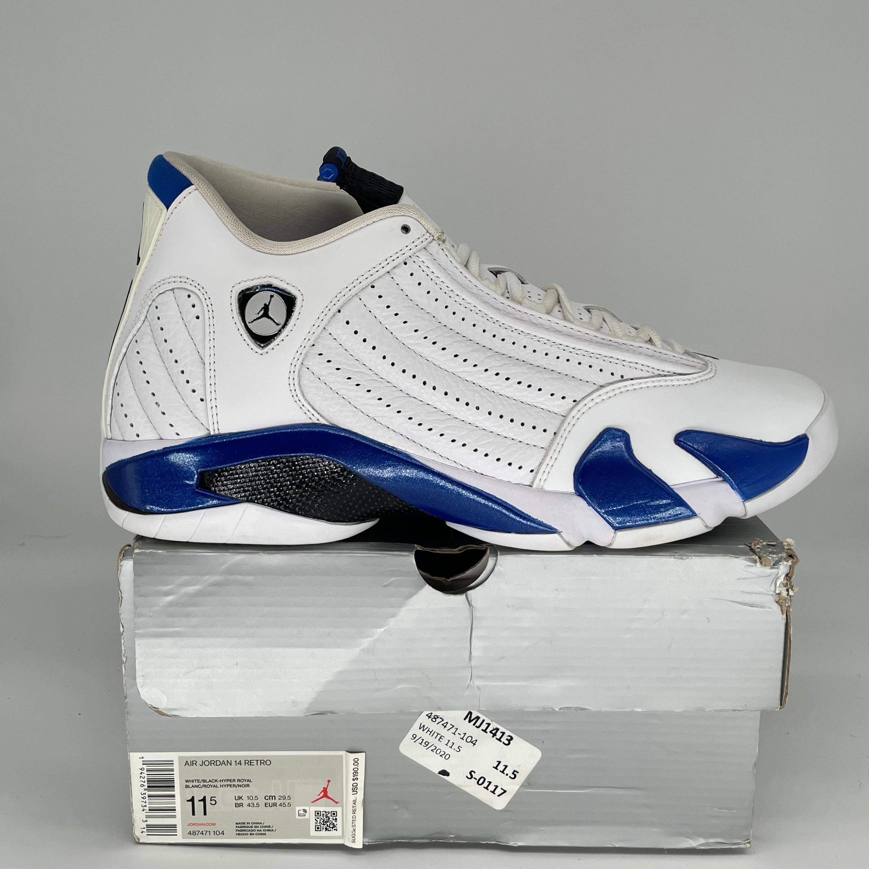 Original Title: AIR JORDAN 14 WHITE HYPER ROYAL SIZE 11.5 487471 104   Optimized Title: **Air Jordan 14 Retro Men's Basketball Shoes - White/Hyper Royal - Size 11.5 (487471-104) | Perfect for Streetwear & Court Performance**