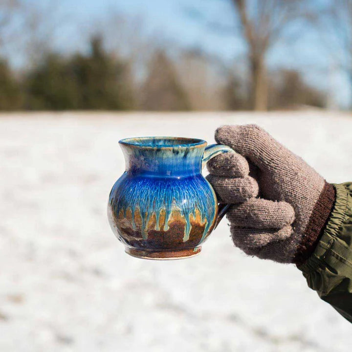 Blanket Creek Pottery Round Ceramic Mug - 12oz Amber Blue Handmade Coffee Cup for Home, Office & Camping Use