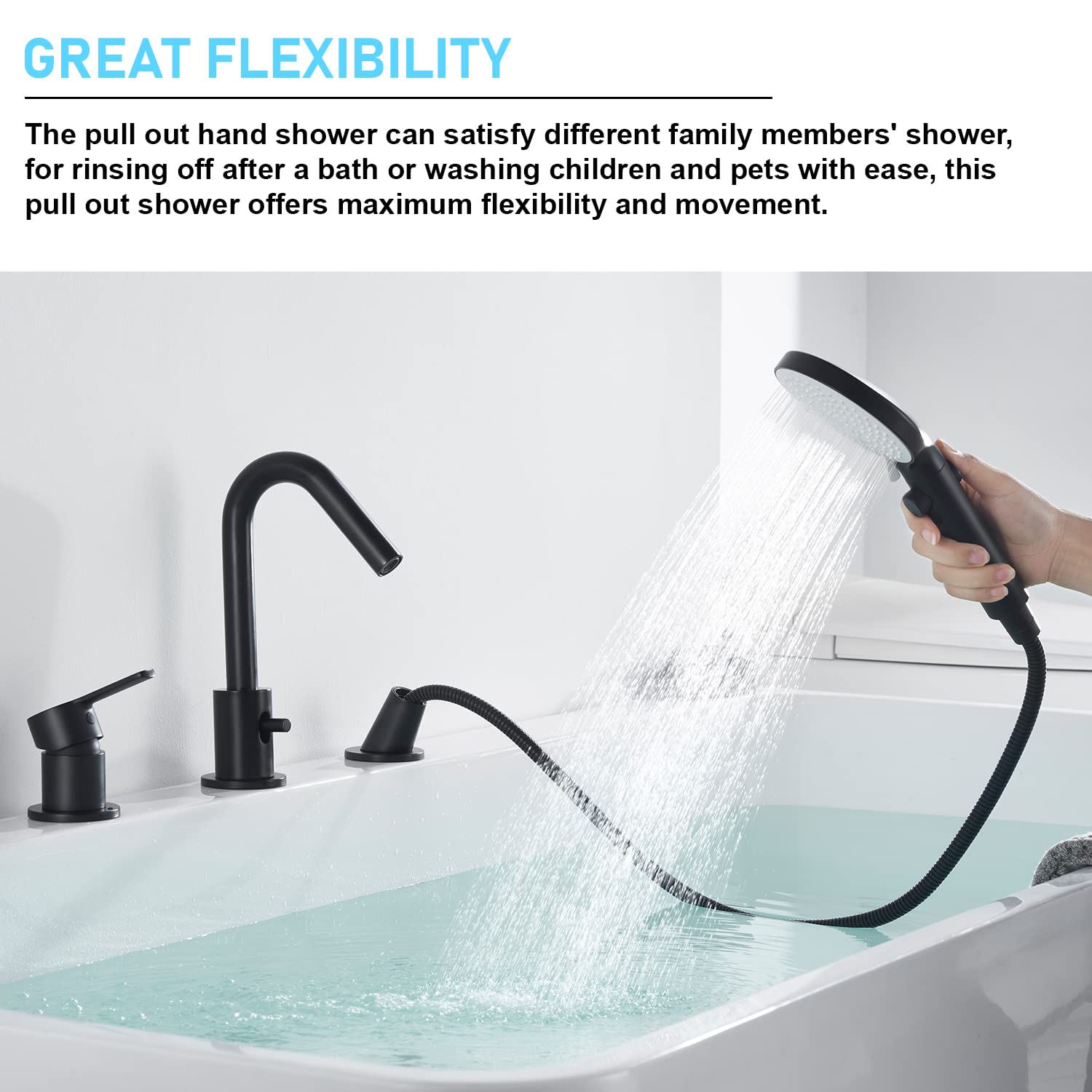 CREA Black Roman Tub Faucet Set - 3-Hole Deck Mount with Hand Shower, Spout Diverter & Pull-Out Sprayer for Bathtub | Modern Bathroom Faucet for Spa-Like Relaxation & Luxury Bathing Experience