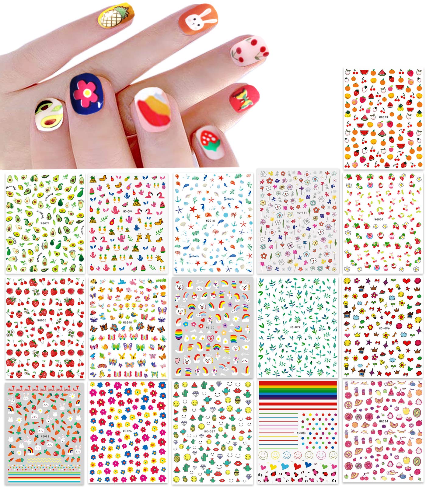16 Large Sheets Self-Adhesive Nail Stickers for Women & Kids - Floral, Butterfly, Animal & Fruit Designs - Perfect for Nail Art, Parties, Gifts & DIY Manicures at Home or Salon