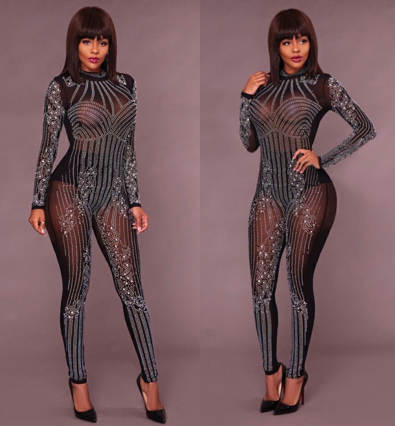 JEYKAY Women's Sexy Mesh See-Through Rhinestone Pantsuit - Geometric Tattoo Print Clubwear Jumpsuit for Party & Night Out (Black, Medium) | Perfect for Cocktail Parties, Clubbing, and Festive Occasions