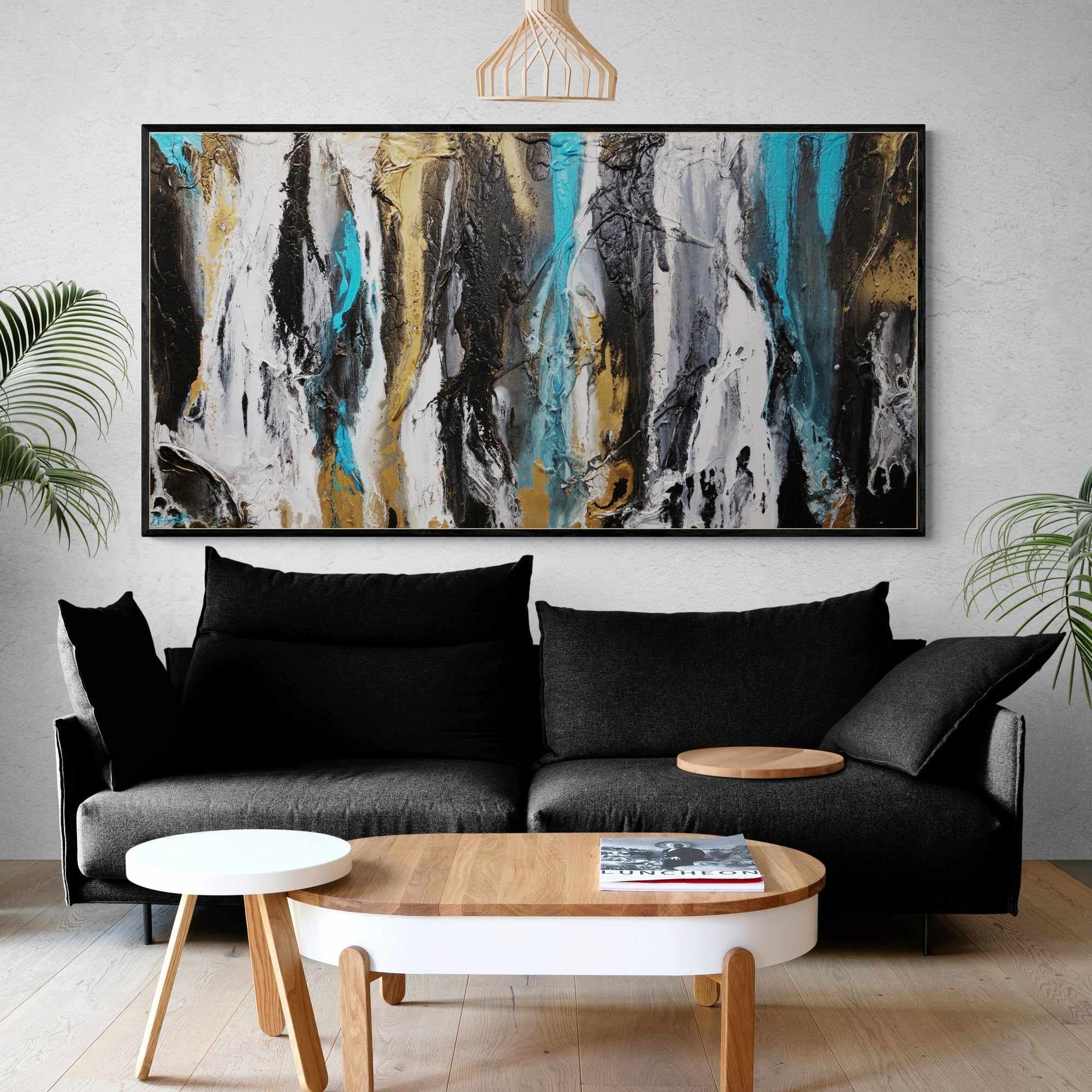 Golden Teal 190cm x 100cm Black Teal Gold Textured Abstract Canvas Wall Art - Modern Home Decor for Living Room, Bedroom, Office