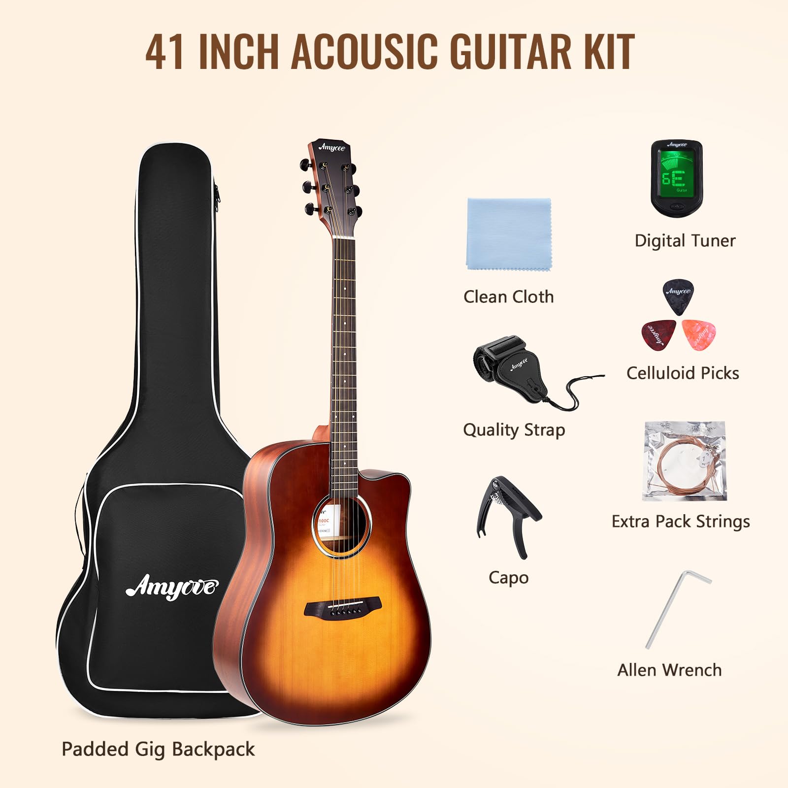Senfot 41” Full-Size Dreadnought Acoustic Guitar Bundle for Beginners & Adults - Complete Starter Kit with Gig Bag, Tuner, Strings, Strap, Picks & Capos - Cutaway Folk Guitar Set in Sunburst Finish | Perfect for Learning, Practice, Performances & Gifts