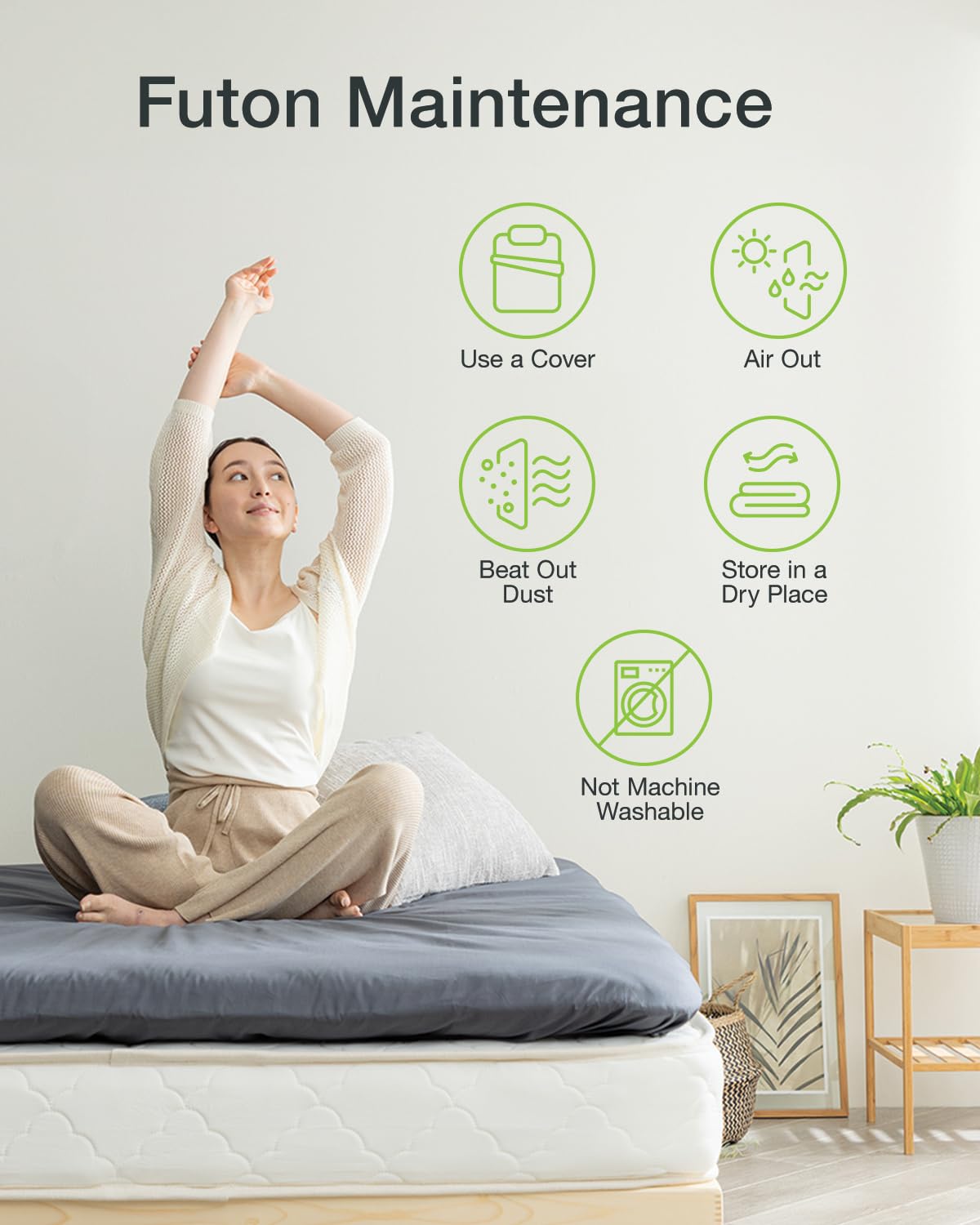 FULI Japanese Futon Mattress - Foldable & Portable Floor Lounger Bed - Roll Up Sleeping Pad - Shikibuton - Made in Japan (White, Twin Size) - Perfect for Small Spaces, Guest Beds & Minimalist Living
