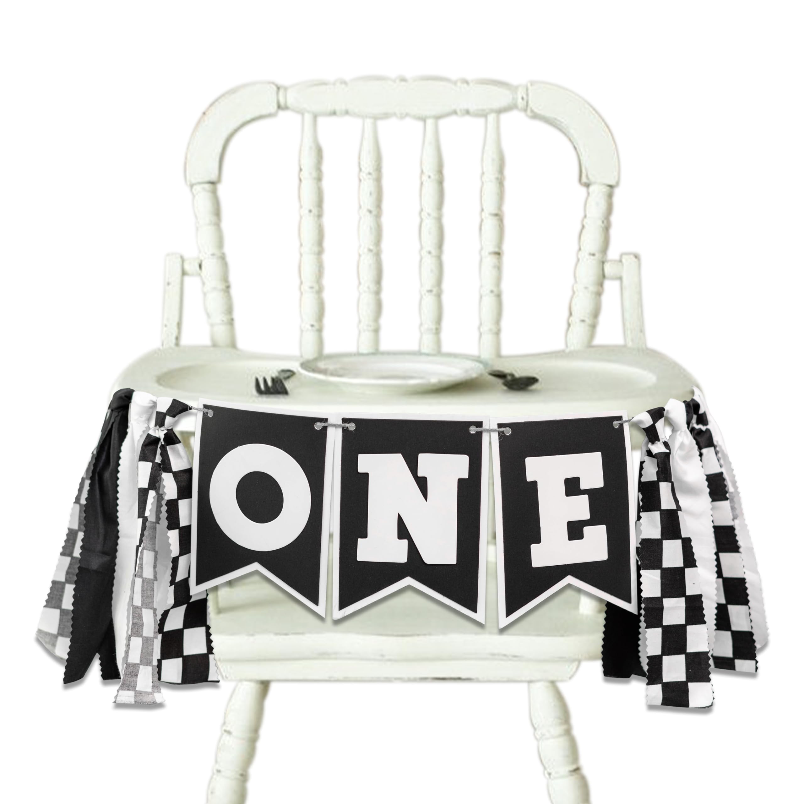 Black & White Race Car Highchair Banner - 1st Birthday Decorations, Race Car Theme Photo Prop for Baby's First Birthday Party | Perfect for Race Car Themed Birthday Decor, Highchair Photo Shoots & Party Backdrops | VANGNING