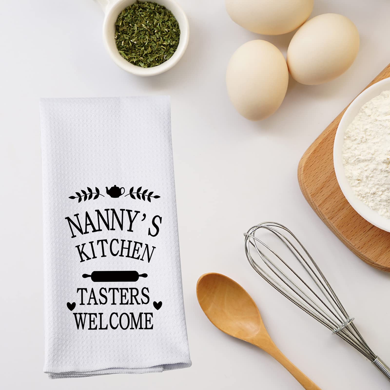 Funny Kitchen Dish Towels with Sayings - Tasters Welcome Nanny - Absorbent Cotton Dishcloths for Cooking, Cleaning & Decor - Perfect for Home, Gifts & Holiday Kitchen Decor