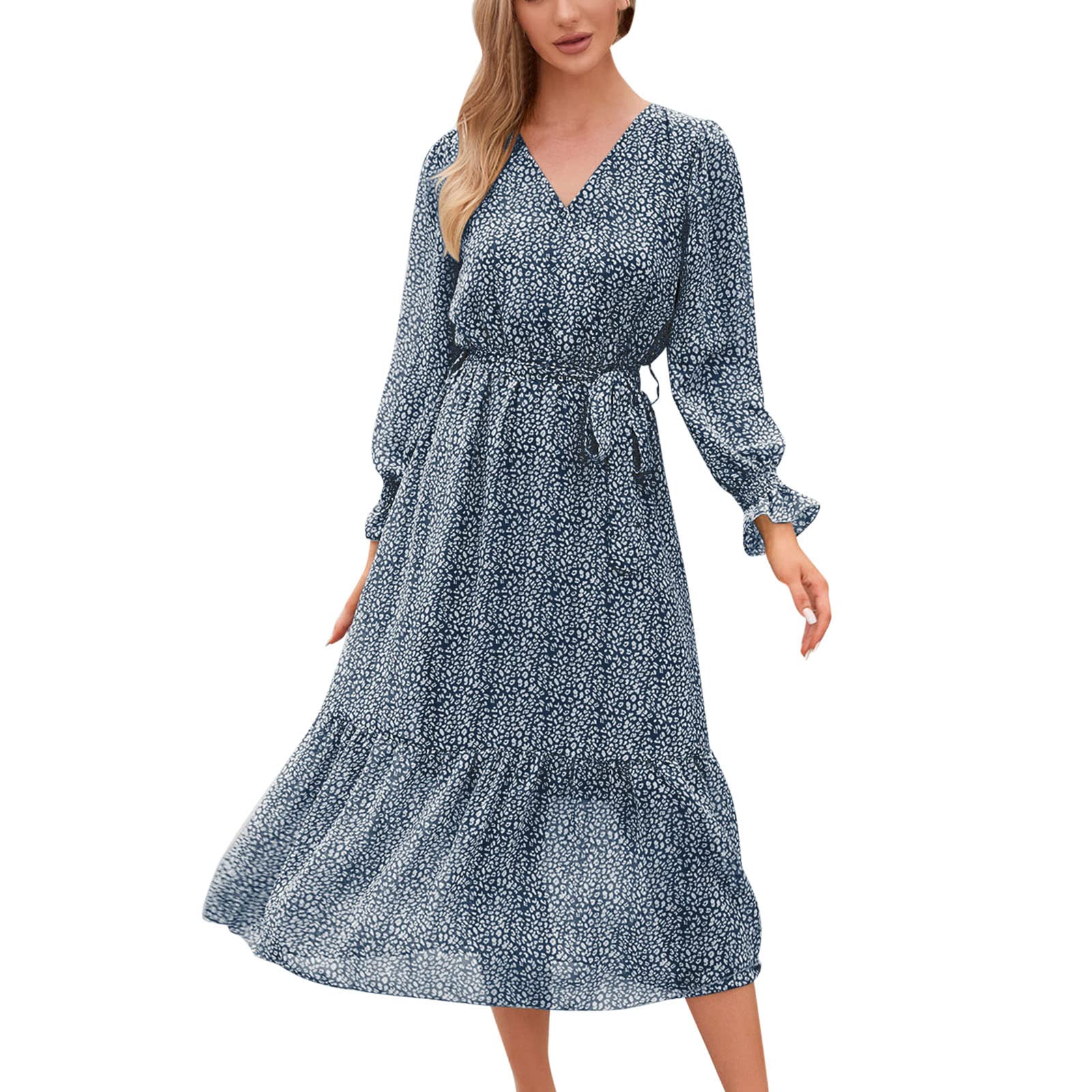Boho Floral Print Maxi Dress for Women - Long Sleeve Wrap V-Neck with Pleated Belt, Flowy A-Line Soft Fabric | Perfect for Beach Vacations, Summer Parties & Casual Outings