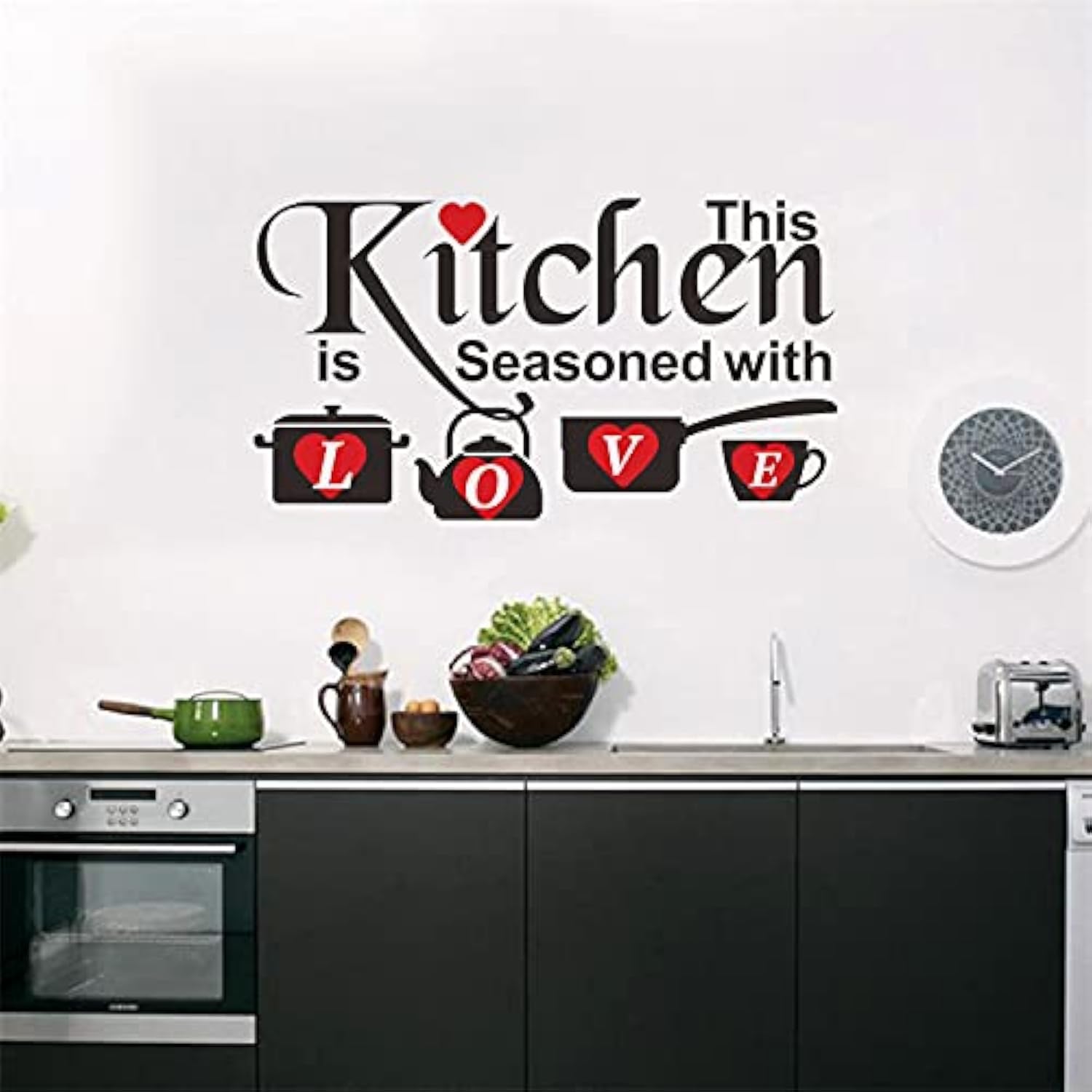 Kitchen Wall Decals - Family Love Quotes Vinyl Stickers, 'This Kitchen is Seasoned with Love' Wall Art for Dining Room, Restaurant & Cafe Decor