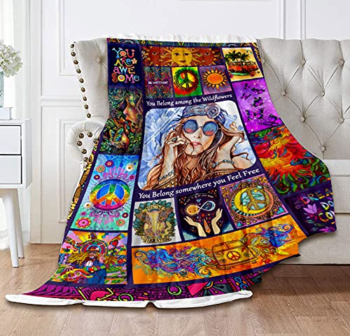 Personalized Hippie Fleece Throw Blanket 50x60 - Retro Bohemian Design Soft Warm Blanket for Women & Men - Perfect Birthday & Christmas Gift for Wanderlust Travelers, Yoga Lovers & Festival Goers - Cozy Home Decor for Bed, Couch & Outdoor Adventures