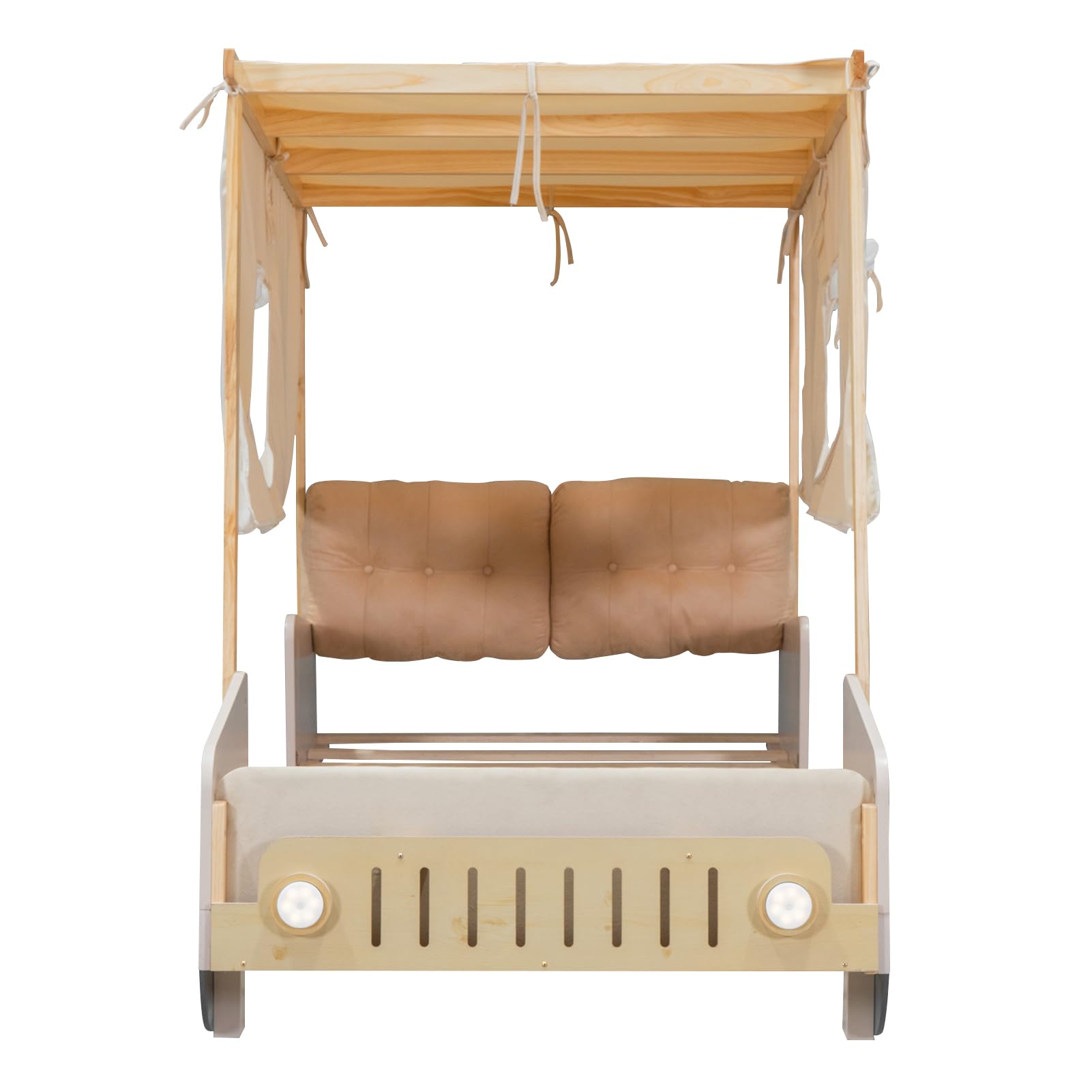 Twin Size Kids Car Bed with LED Lights & Headboard - Toddler Floor Bed Tent for Boys & Girls - Natural Wood Design - Perfect for Playrooms, Bedrooms & Sleepovers