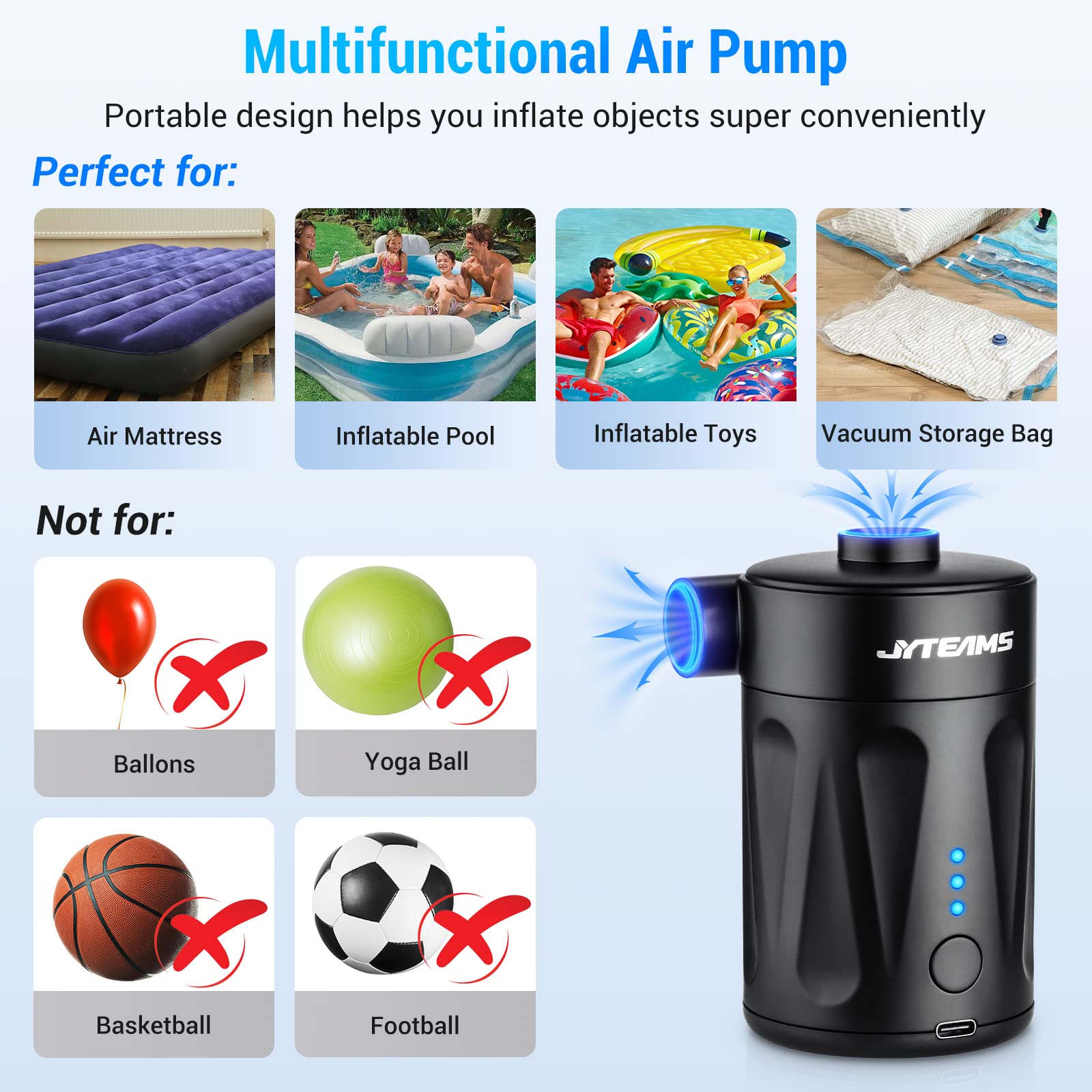 Portable Rechargeable Electric Air Pump - Fast Inflation for Air Mattress, Pool Floats, Boat Toys & Inflatables | Mini Travel Air Pump with 4 Nozzles | Perfect for Camping, Travel & Outdoor Activities