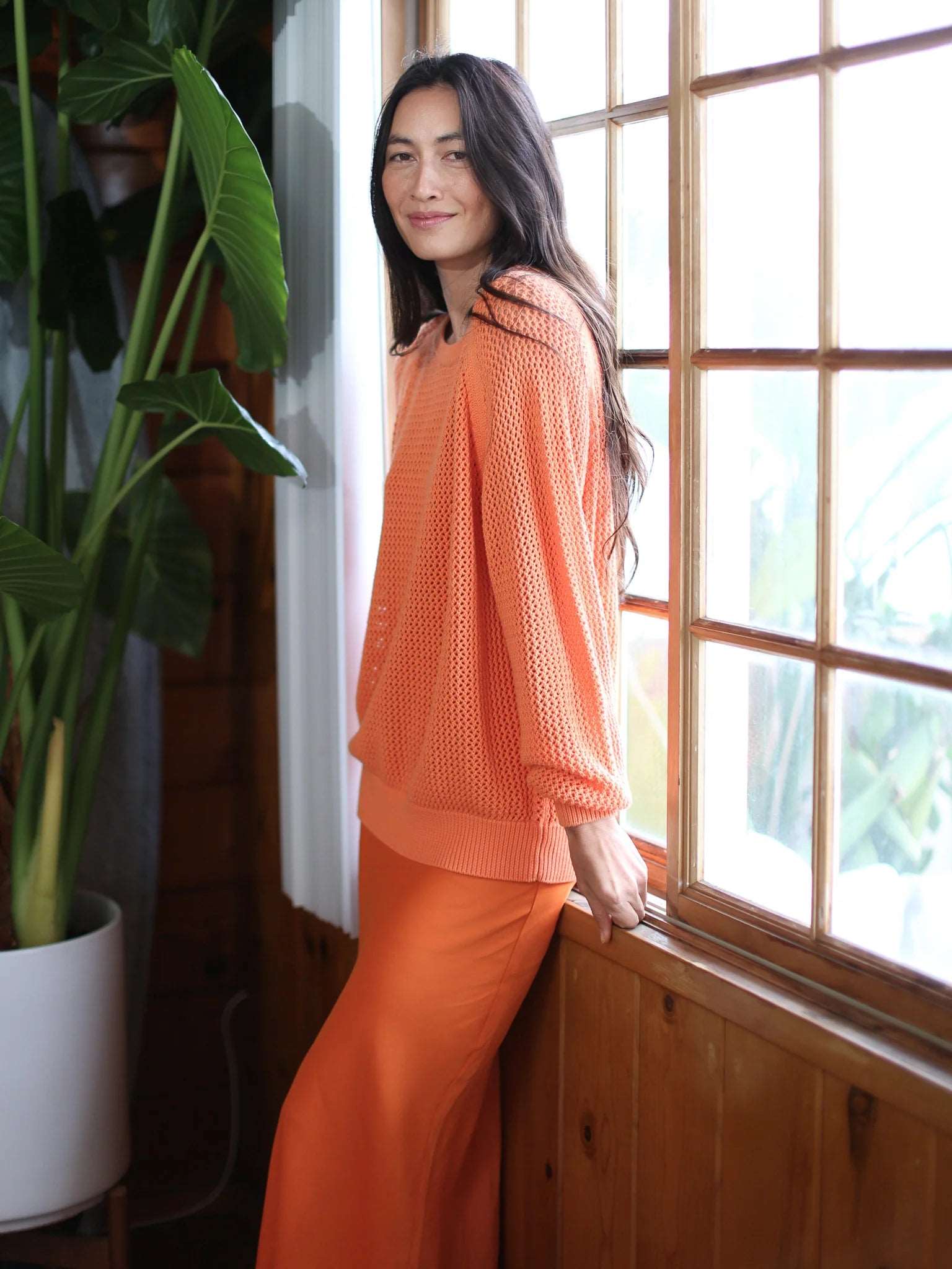 Electric & Rose Women's Chloe Open Knit Long Sleeve Sweater - Tangerine Orange | Cozy Fall & Winter Fashion | Perfect for Casual Outings & Office Wear