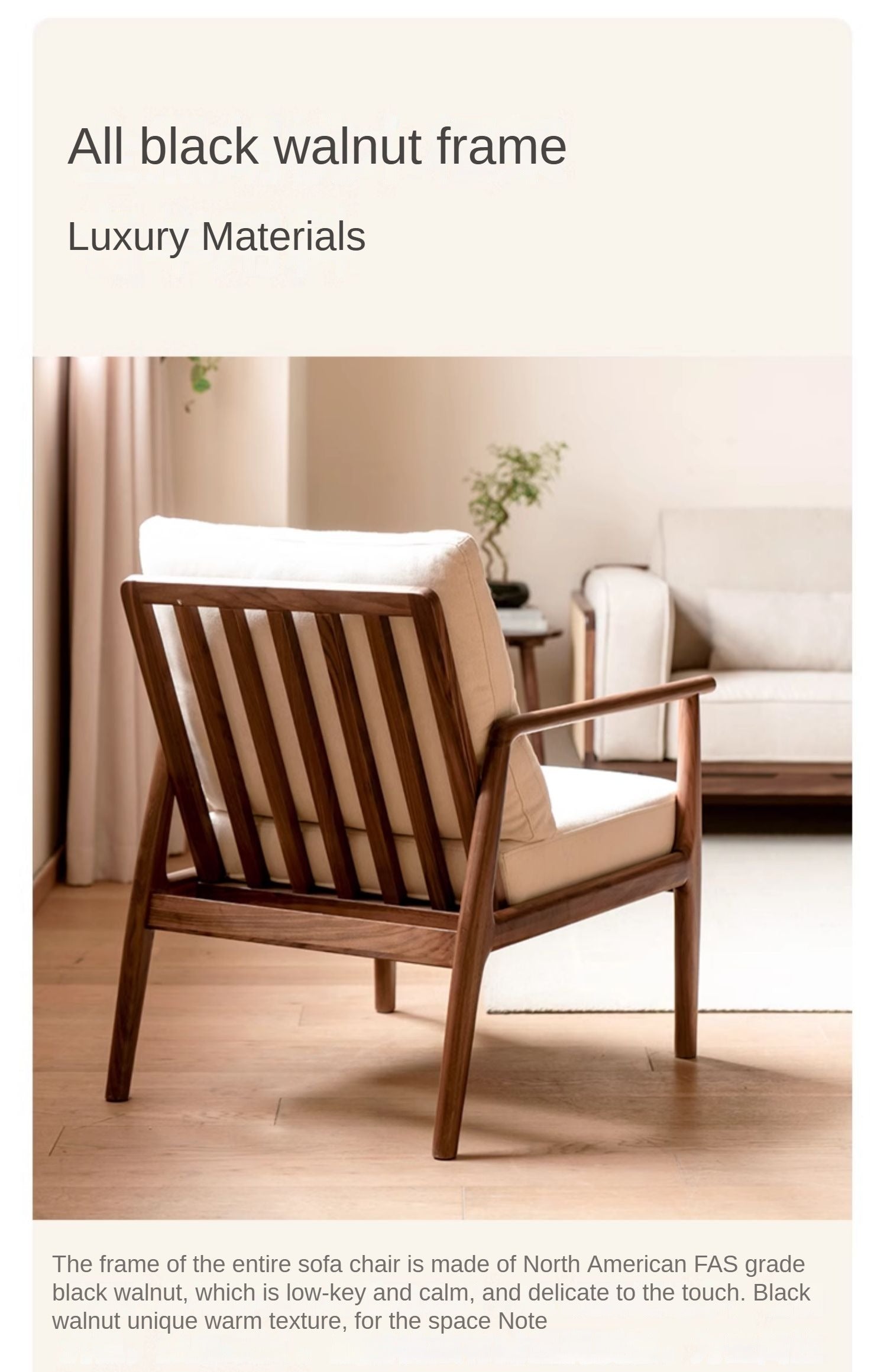Premium Black Walnut and Ash Solid Wood Lounge Chair with Backrest - Perfect for Living Room, Reading Nook, or Office Relaxation