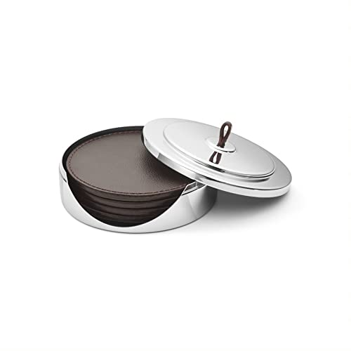 Georg Jensen Manhattan Collection Coaster Set - 4 Premium Leather Drink Coasters with Stainless Steel Case | Elegant Home Bar & Dining Table Accessories for Wine, Cocktail & Coffee Protection