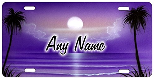 Custom Airbrushed Purple Beach Scene Novelty License Plate - Personalized Decorative Front Plate for Cars, Trucks & Motorcycles - Perfect for Beach Lovers & Coastal Decor
