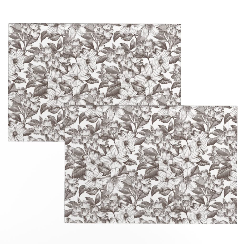 Premium Linen Cotton Canvas Placemats Set of 2 - Dogwood Flowers Neutral Garden Print for Dining Table Decor, Kitchen, and Botanical Nursery Style
