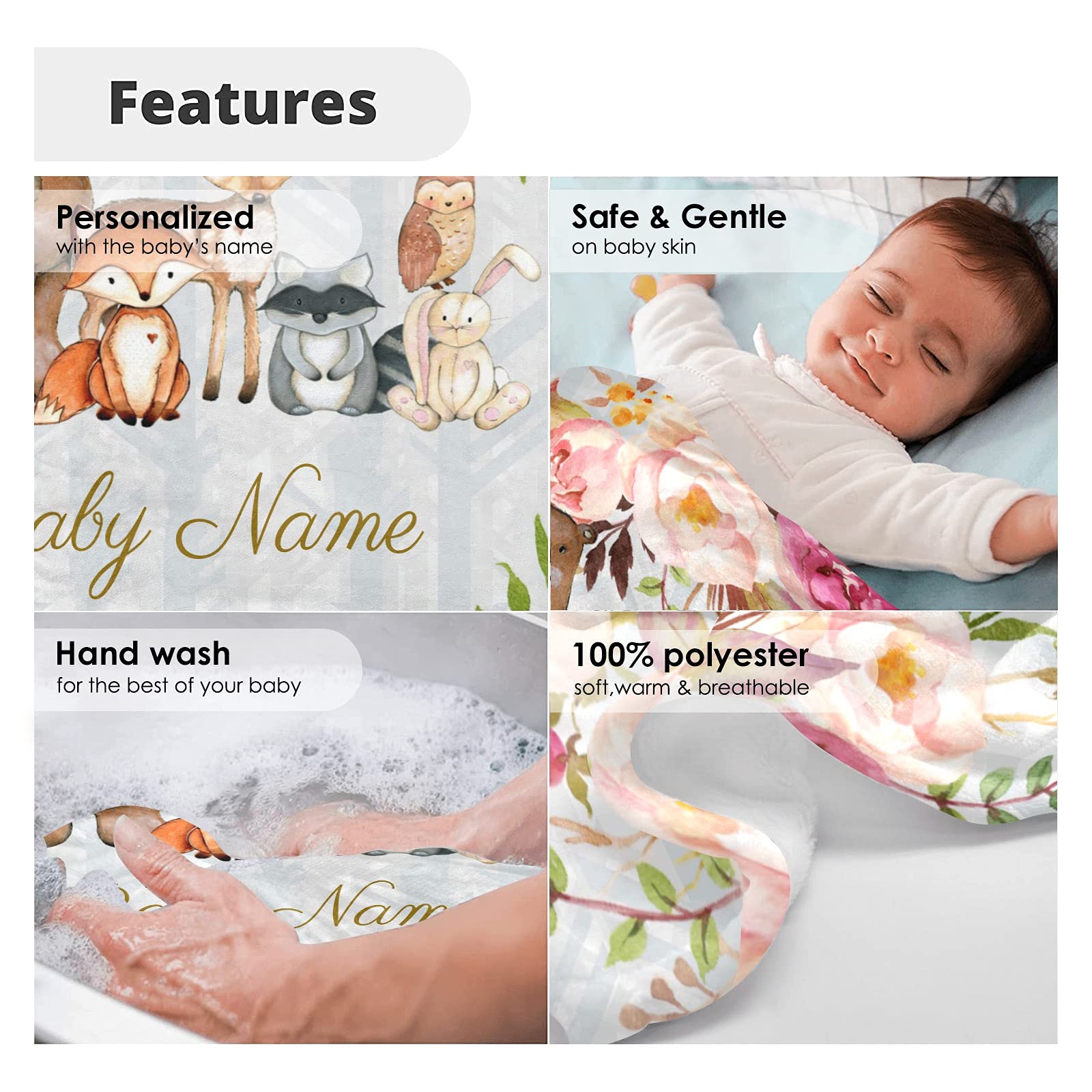 Personalized Floral Woodland Forest Animals Baby Blanket - Custom Bear Fox Deer Fleece Blanket for Boys & Girls - Super Soft 30x40 Inch Baby Shower, Birthday, Wedding Gift - Perfect for Nursery, Travel & Photo Shoots