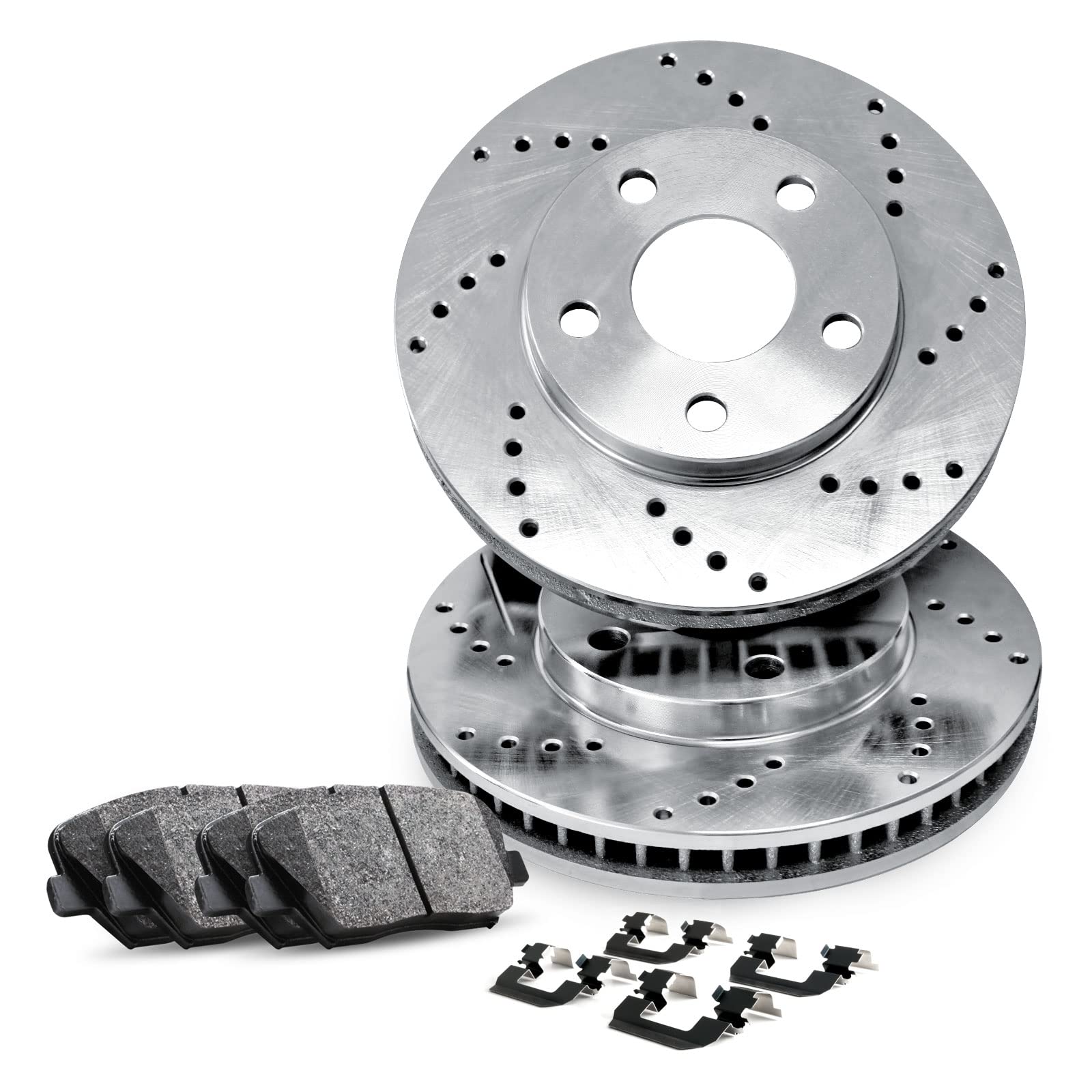 R1 Concepts Premium Front Brake Pads and Rotors Kit - Ceramic Brake Pads with Drilled & Slotted Rotors - Complete Hardware Included - Compatible with 1998 Volkswagen Passat - Perfect for Daily Commuting & Performance Driving