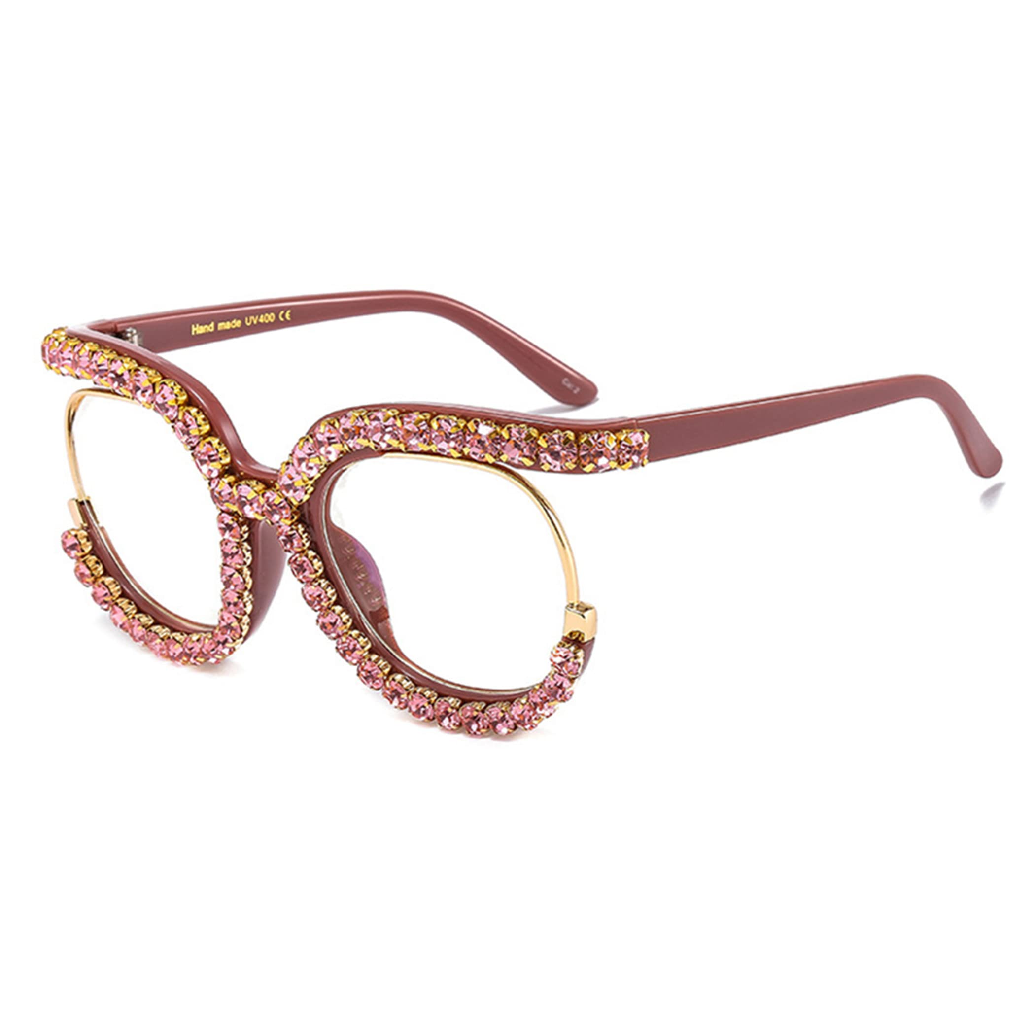 Vintage Fashion Women's Half-Rim Round Reading Glasses with Crystal Trim & Jeweled Frame - Costume Eyewear for Reading, Cosplay, and Retro Style Outfits