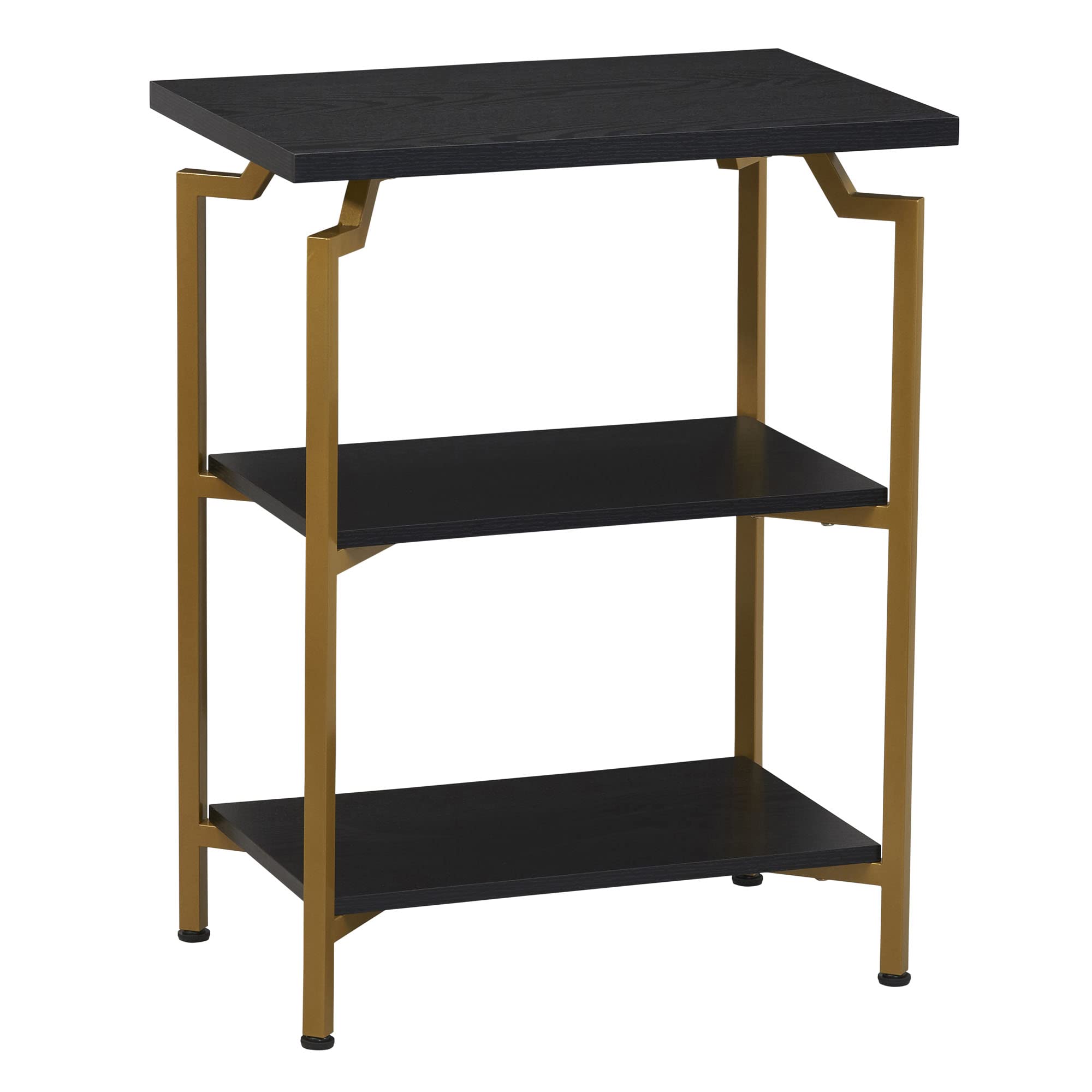 Household Essentials Crown Narrow 3 Shelf Open Storage Bookshelf - Black Oak Wood Grain & Gold Metal - Perfect for Living Room, Bedroom, or Office Organization