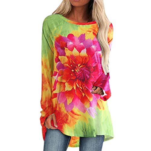 Women's Summer Floral Printed Long Sleeve Crew Neck T-Shirt - Casual Loose Fit Comfortable Blouse for Running, Outdoors & Daily Wear (Red, Size S)