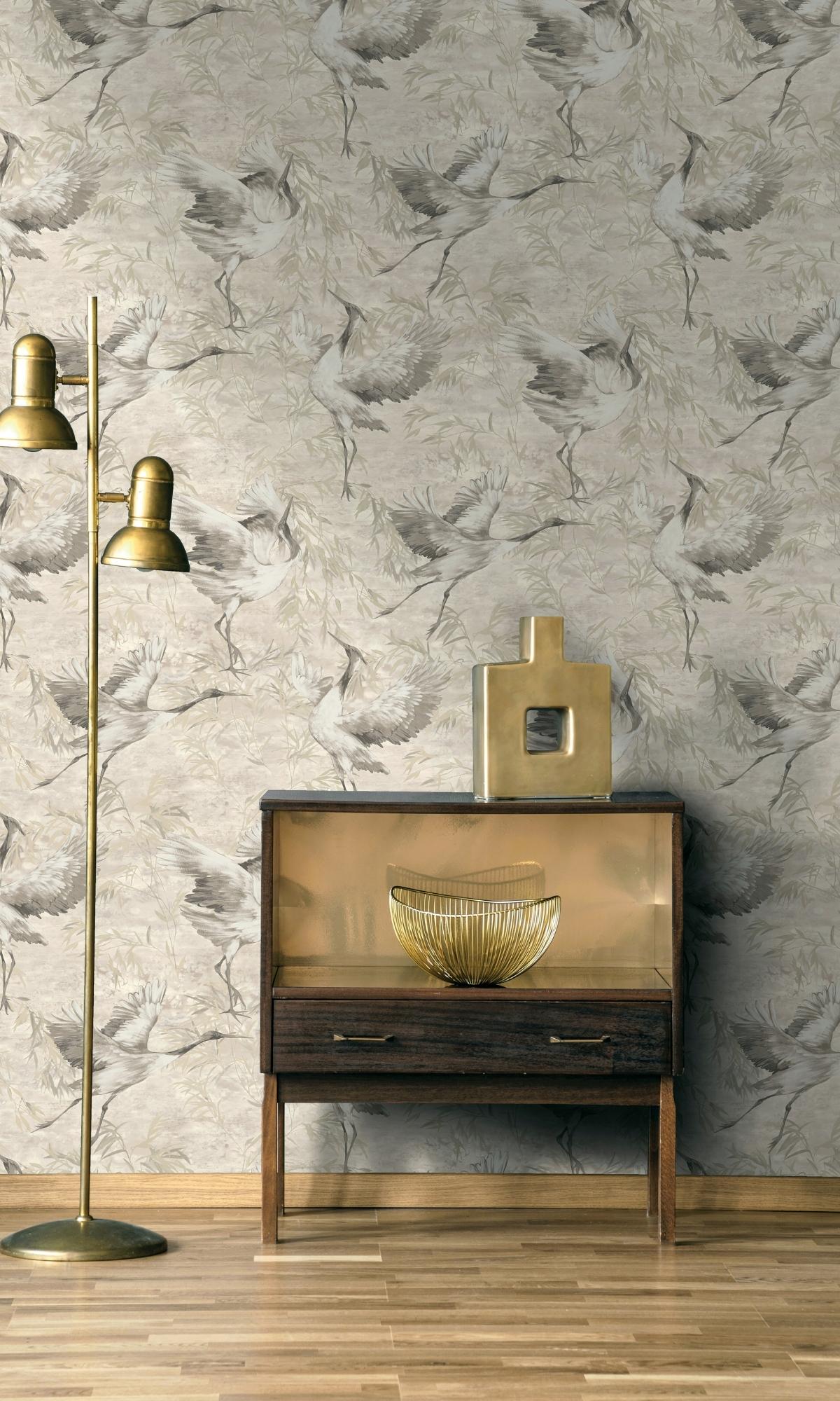 Beige Sarus Crane in the Field Metallic Wallpaper R7589 - Elegant Home Decor for Living Room, Bedroom & Office