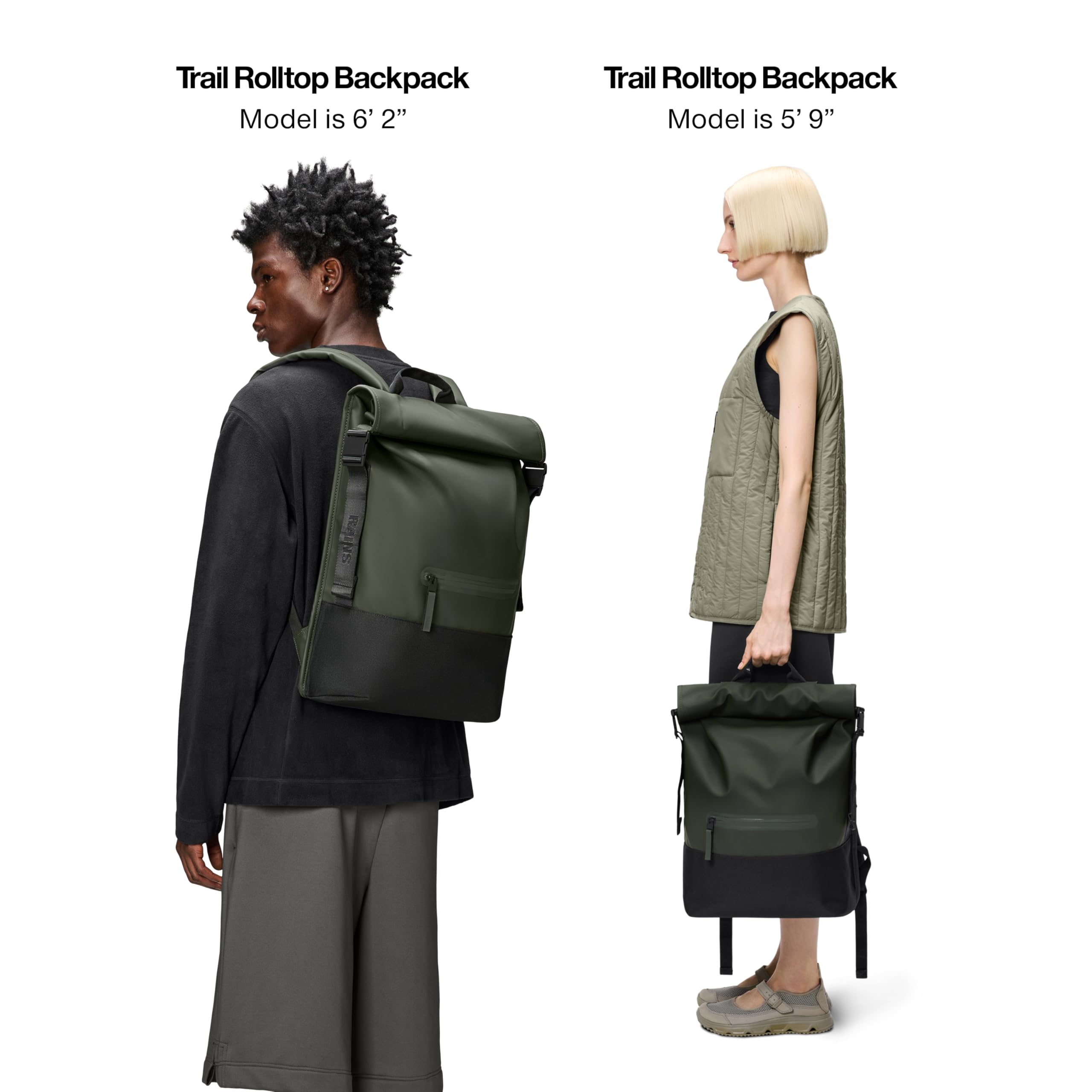 RAINS Trail Rolltop Waterproof Backpack for Men & Women - Lightweight Hiking Daypack, Commuter Laptop Backpack (Olive Green) - Perfect for Outdoor Adventures, Travel & Daily Use