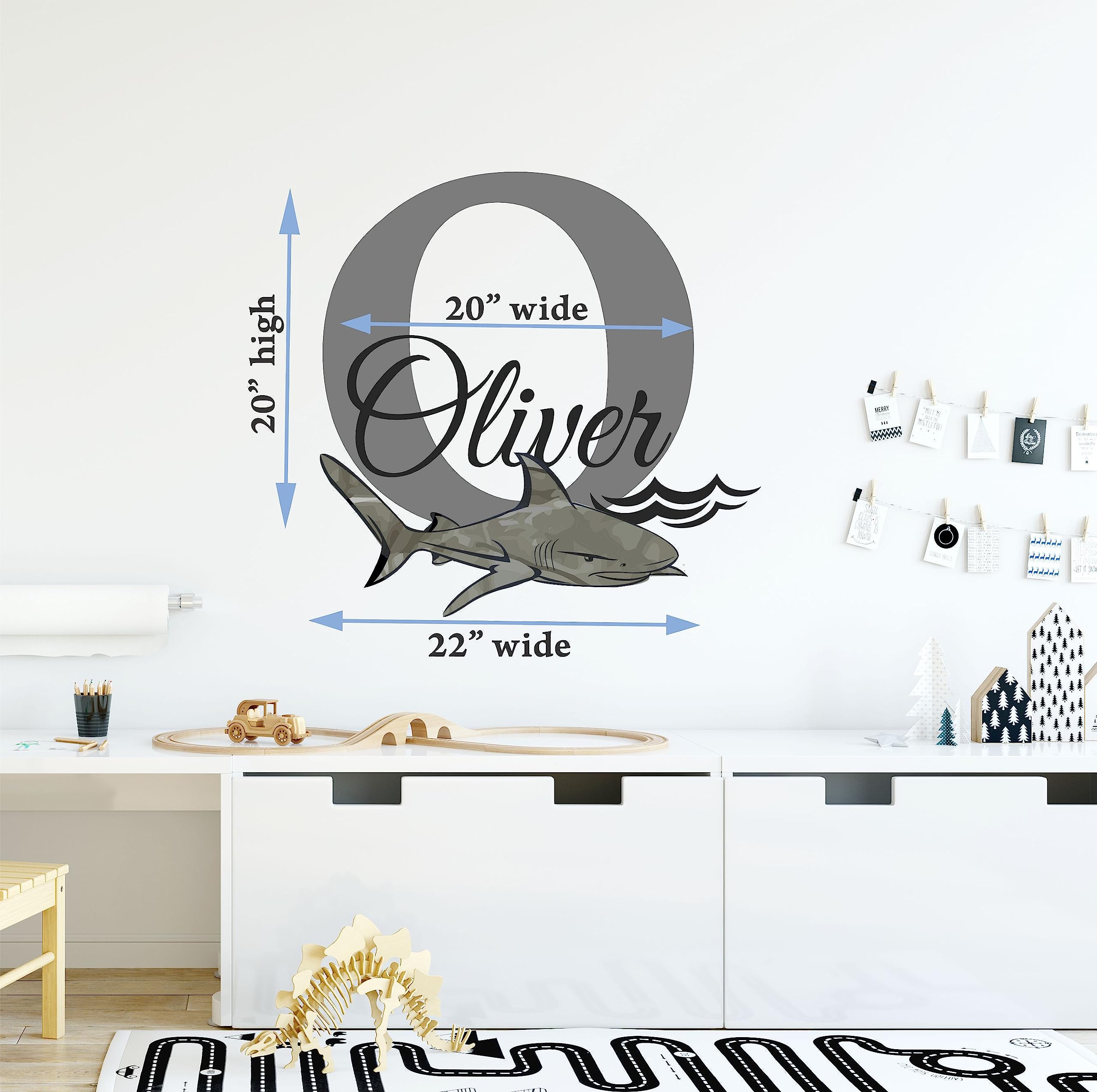 Custom Boys Nursery Baby Shark Beach Sea Theme Personalized Name & Initial Vinyl Wall Decal - Medium Size Wall Decor Sticker for Kids Room, Playroom, or Nursery