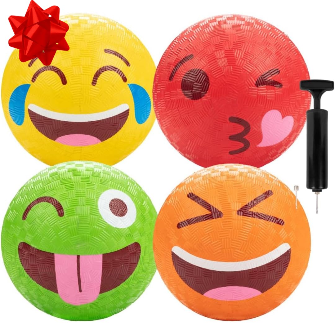 **5 Inch Gaga Ball Playground Set (4 Pack with Silly Faces) - Official Size Durable Rubber Dodgeball & Handball for Kids - Includes Air Pump - Perfect for Outdoor Play, 4 Square, Birthday Parties & School Recess Games**