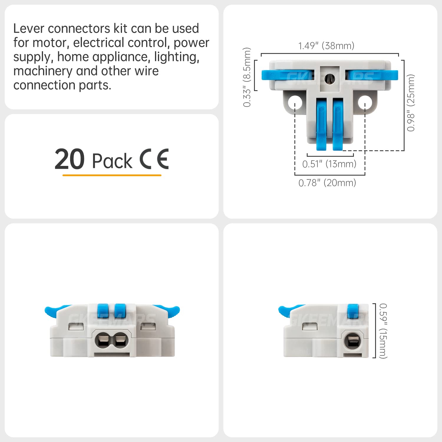 GKEEMARS 20Pcs 4-Way T Tap Wire Connectors - Quick Splice Push-in Electrical Connectors for AWG 24-12 Gauge Wires (Blue) - Ideal for Automotive, Home Wiring & DIY Electrical Projects