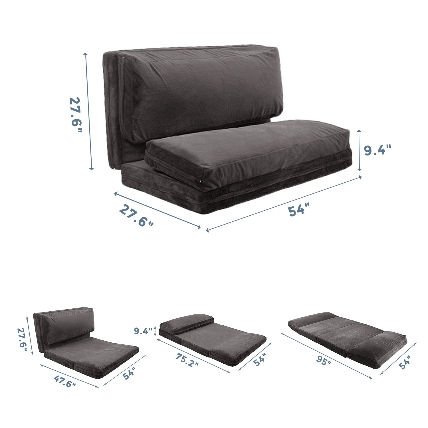 MAXYOYO Bean Bag Folding Sofa Bed - Extra Thick Floor Mattress with Washable Faux Fur Cover (Dark Grey) | Perfect for Living Room, Bedroom, Dorm & Game Room Lounging