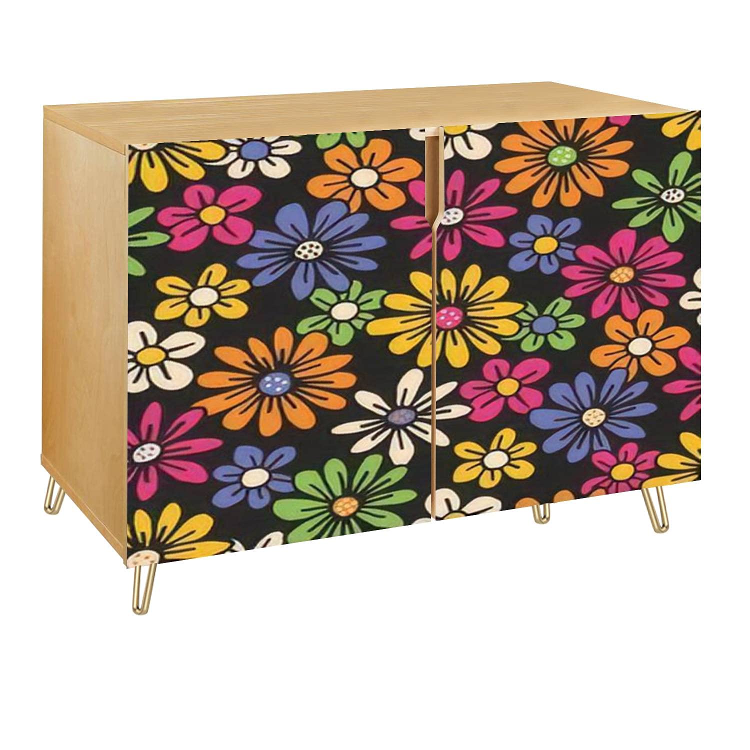 Vibrant Hand-Painted Floral Wooden Accent Cabinet - 2 Door Storage Sideboard for Entryway, Living Room, Kitchen & Hallway | TV Stand, Bar Cabinet & Home Decor