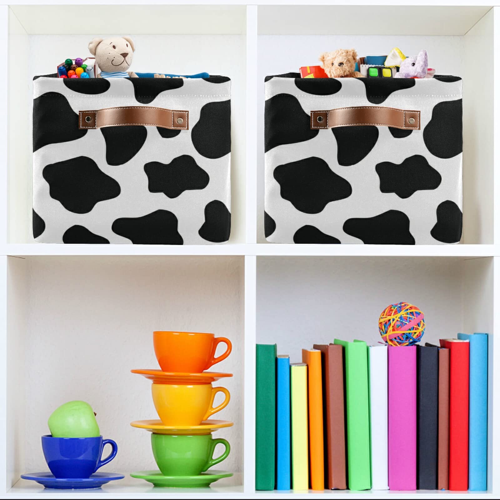 Collapsible Rectangular Storage Basket with Leather Handles - Black & White Cow Print Organizer Bin for Nursery, Shelves & Home Decor | Perfect for Baby Room Organization, Toy Storage & Farmhouse Style Decor