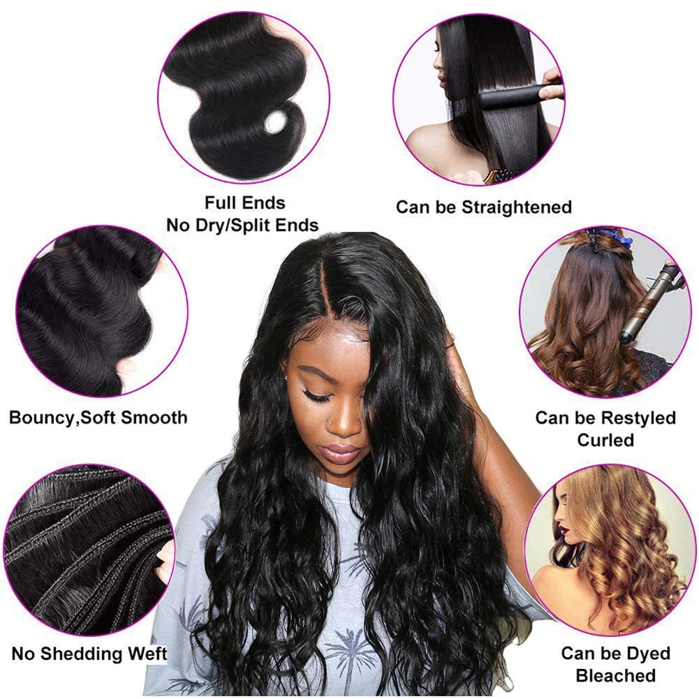 22 24 26 Inch Body Wave Human Hair Bundles - 100% Unprocessed Brazilian Virgin Hair Extensions (3 Bundles, Natural Black) for Styling, Weaving & Everyday Glamour