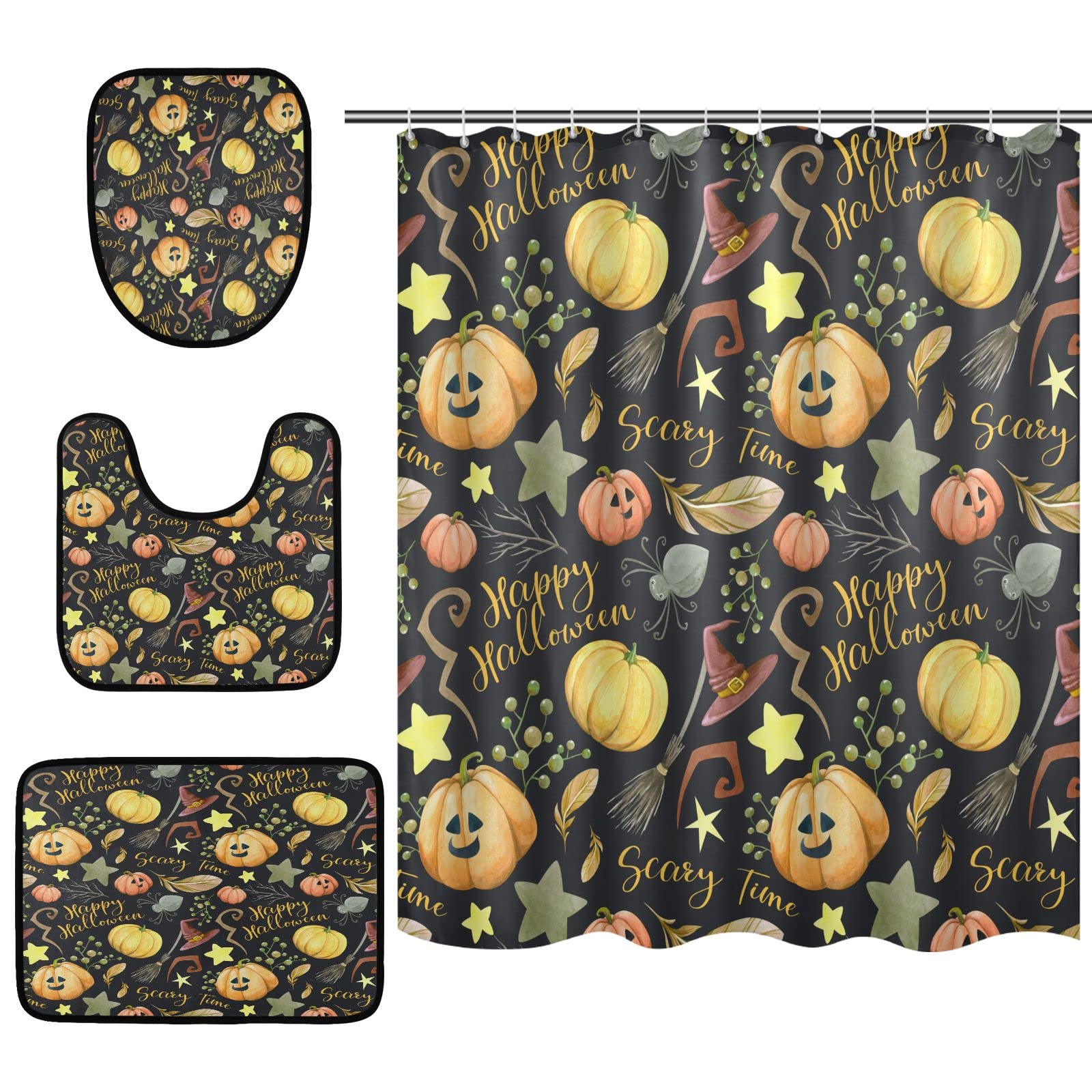 JSTEL Halloween Bathroom Rug Set - 4 Piece Non-Slip Memory Foam Bath Mat with Shower Curtain, Toilet Lid Cover & Contour Rug (Includes 12 Hooks) - Spooky Pumpkin Design for Halloween Decor & Bathroom Safety