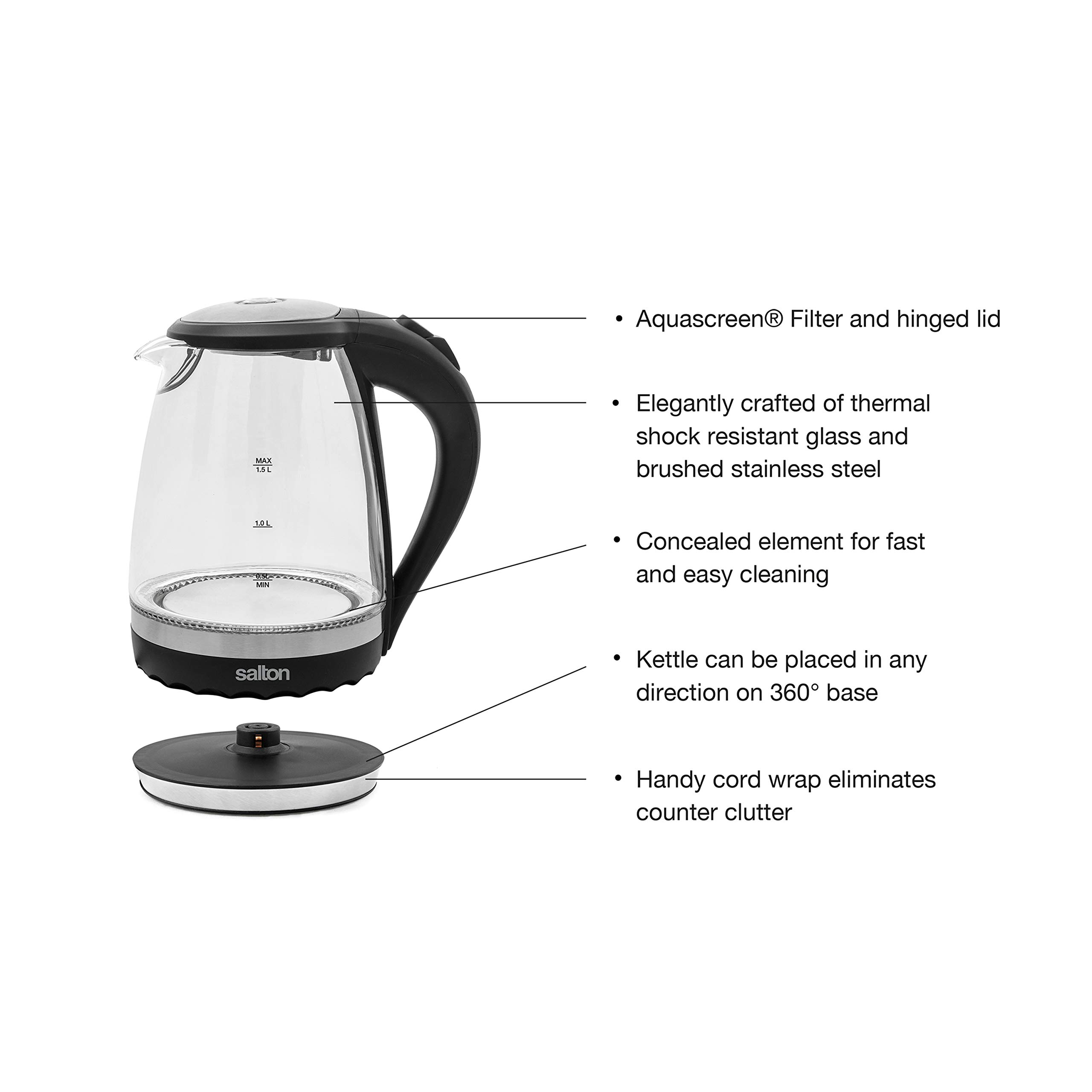 Salton GK1831 Cordless Electric Glass Kettle - 1.5L/Quart Water Boiler & Tea Heater with Auto Shut-Off, Boil-Dry Protection & Soft Blue LED Light - 1100W Fast Heating for Coffee, Tea & Instant Meals - Perfect for Home, Office & Dorm Use