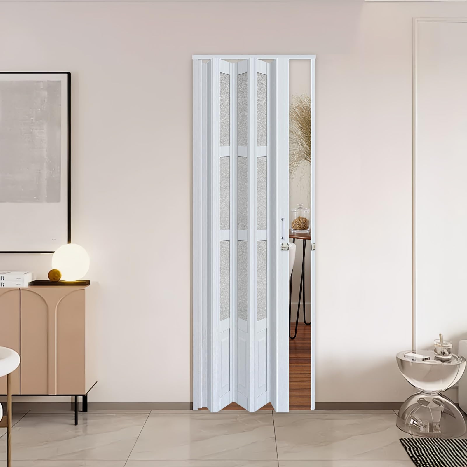 48x80 Inch White Accordion Folding Door for Closet - Interior Multifold Partition with Lock & Installation Hardware - Perfect for Bedrooms, Laundry Rooms & Room Dividers