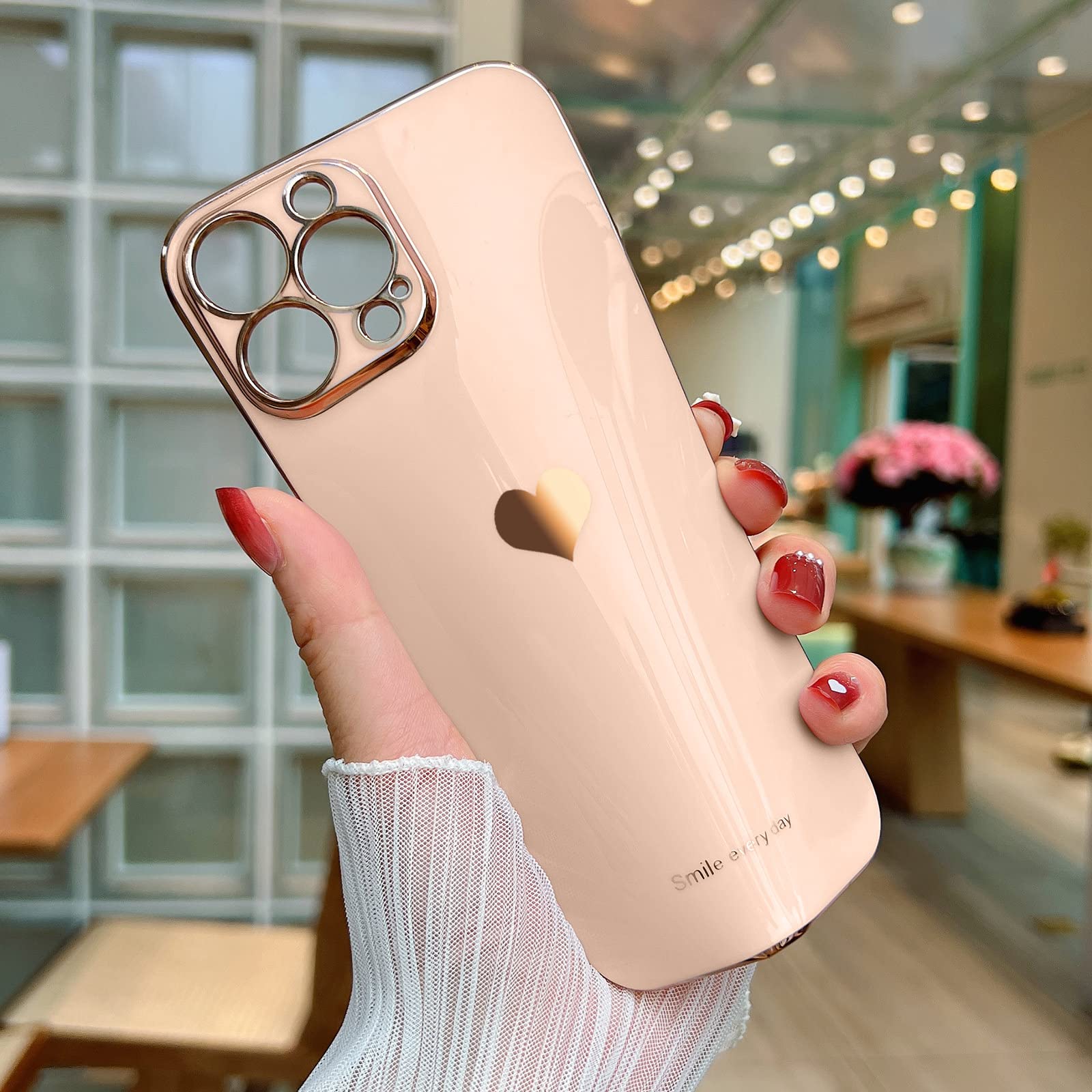 Teageo iPhone 13 Pro Max Case - Cute Heart Design Slim Luxury Bling Plating Soft TPU Shockproof Phone Cover for Women & Girls | Perfect for Everyday Use, Work, School & Travel (Pink)