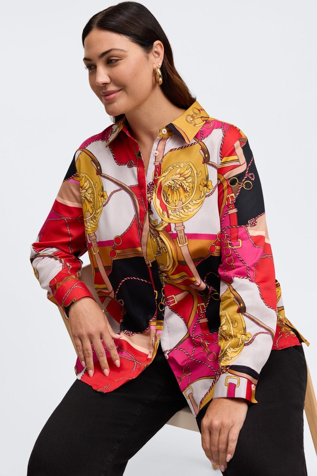 Luna Plus Stylish Buckle Scarf Print Long Sleeve Blouse for Women | Fashionable Office & Casual Wear | Perfect for Work, Dates, and Everyday Outfits