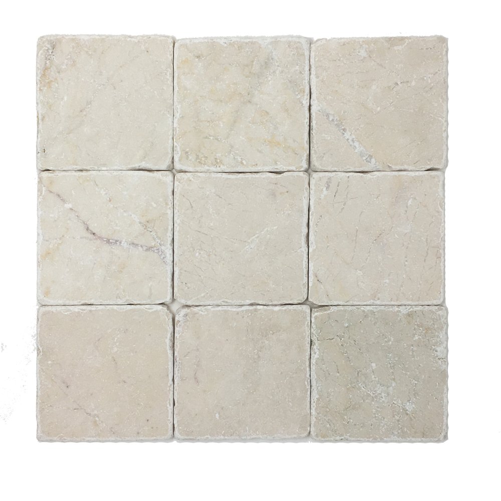 Beige (Light Cream) Marble 4” x 4” Tumbled Tile - Box of 5 Sq. Ft. - Natural Stone Wall & Floor Tile for Bathroom, Kitchen Backsplash, and Shower Surround