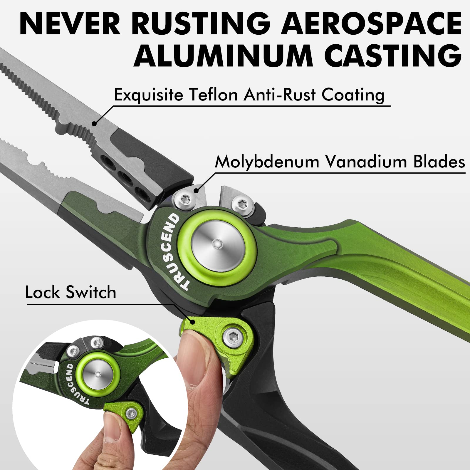 TRUSCEND Lockable Fishing Pliers with Ergonomic Handle - Saltwater Resistant Teflon Coated Multi-Tool with Mo-V Cutter - Perfect for Saltwater Fishing, Kayak Fishing & Gift for Anglers