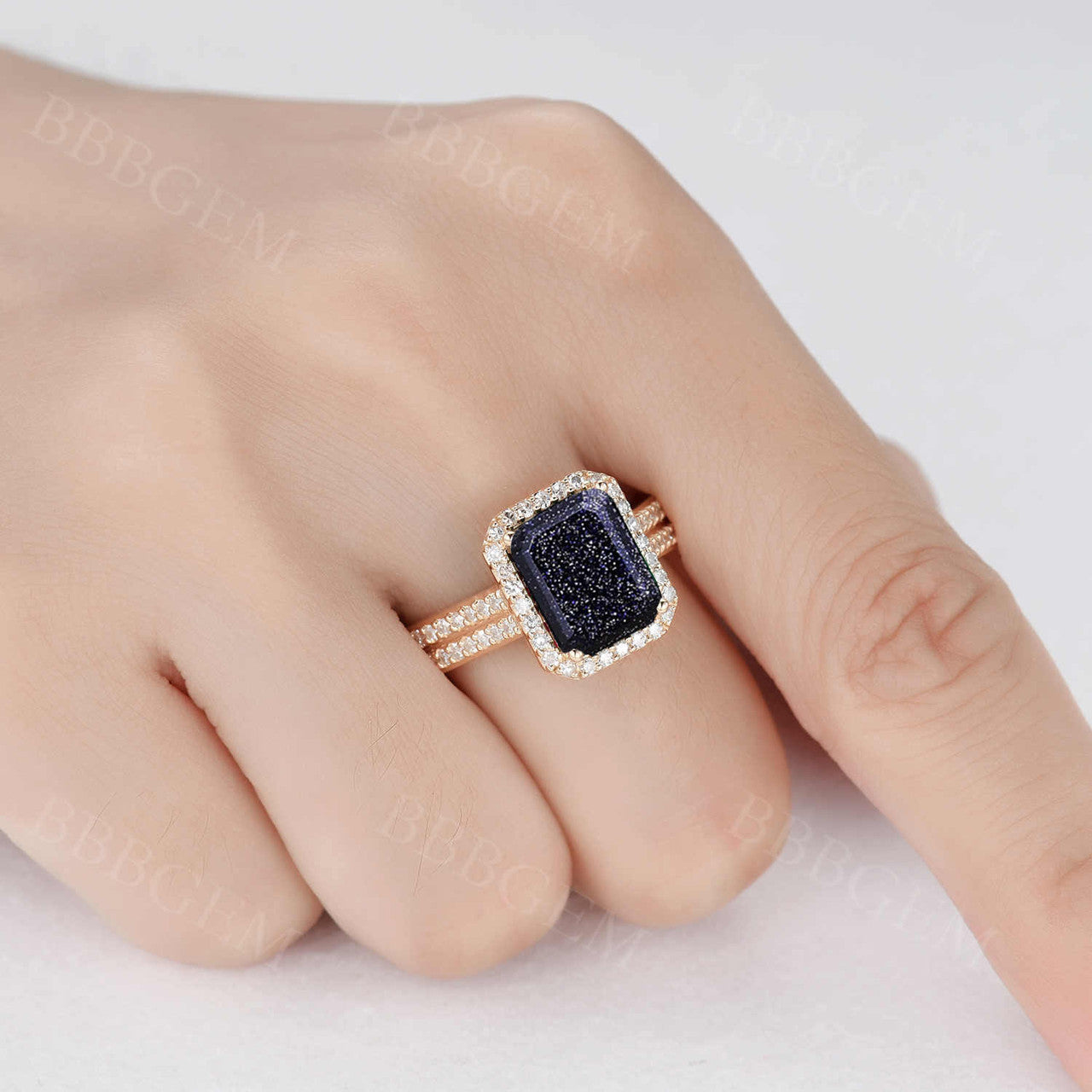 8x10mm Emerald Cut Yellow Gold Blue Sandstone Diamond Halo Ring for Women - Elegant Wedding, Engagement & Anniversary Jewelry Gift