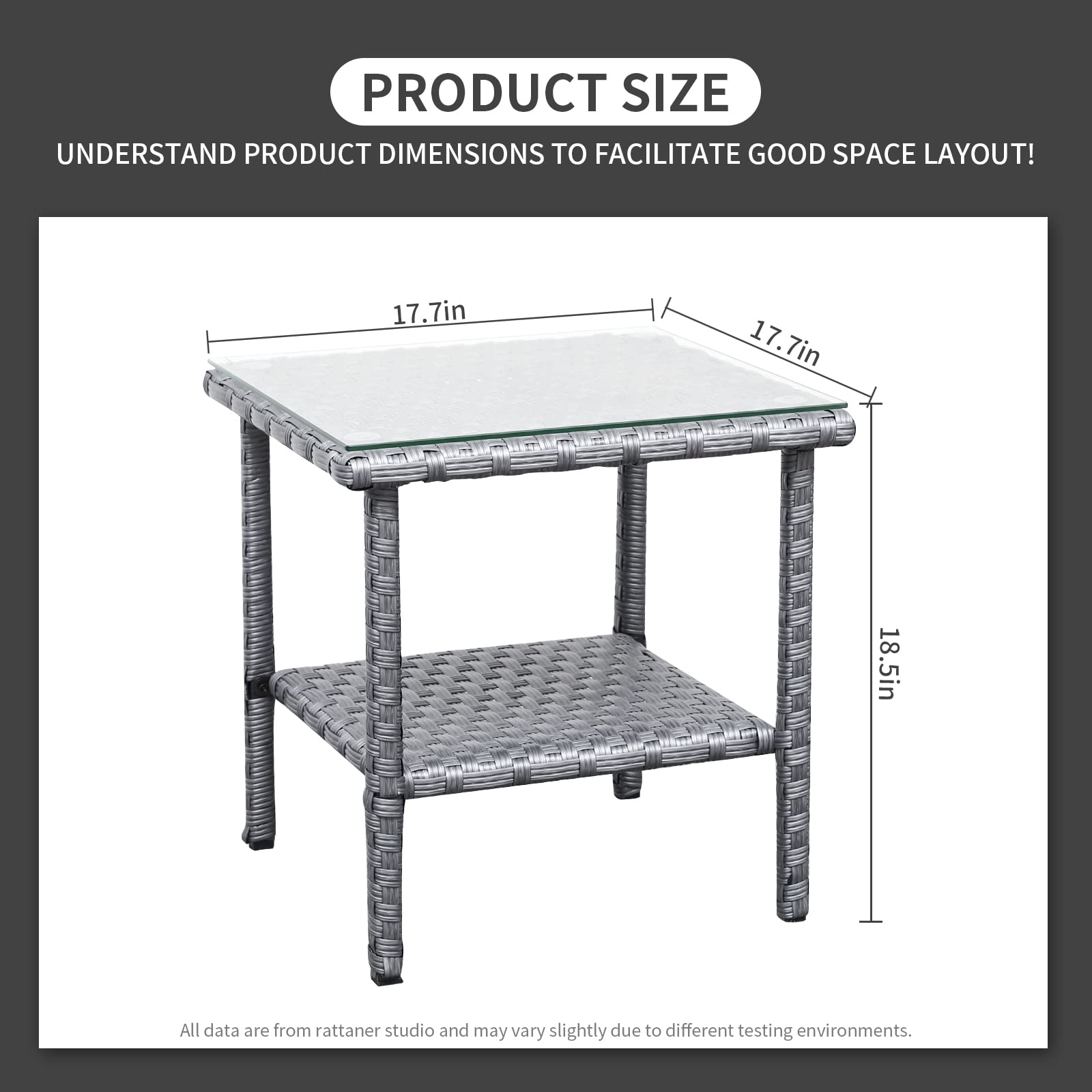 Outdoor PE Wicker Side Table with Glass Top - 2-Tier Rattan Coffee Table for Patio, Garden, Balcony & Living Room - Grey Square End Table Furniture for Relaxing & Entertaining