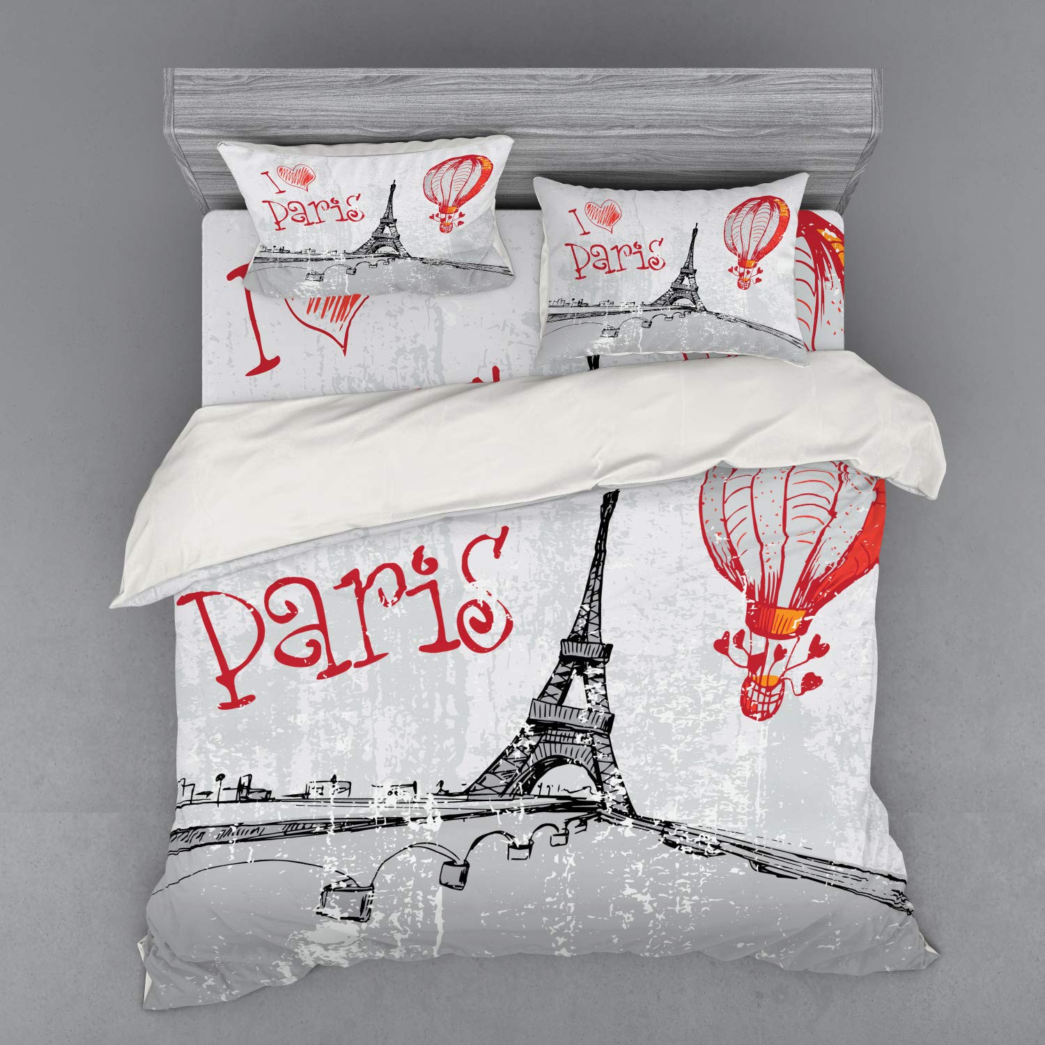 Ambesonne Love Bedding Set - Paris Romance Hot Air Balloon with Hearts Doodle Print, 4-Piece Duvet Cover Set with Shams & Fitted Sheet, King Size, Red Black Grey - Perfect for Couples Bedroom, Guest Room & Romantic Getaway Decor