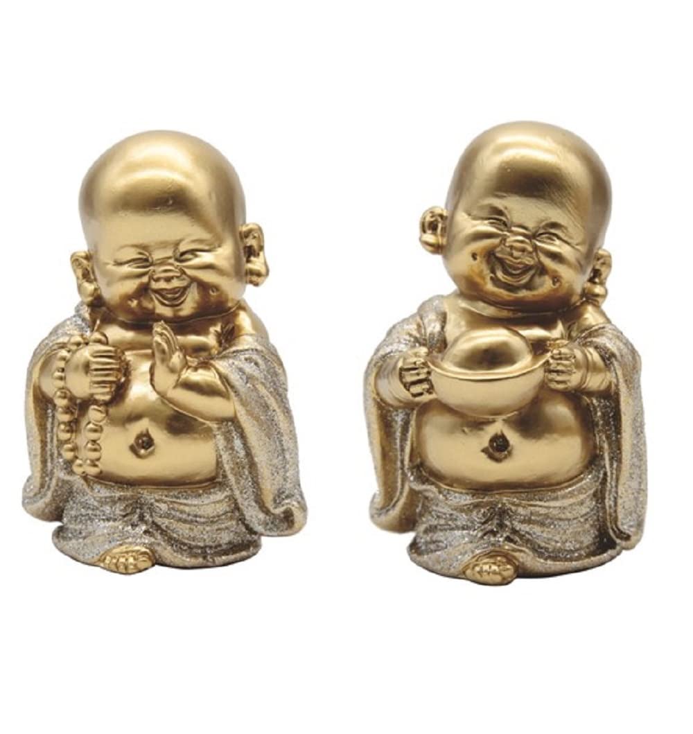 ICE ARMOR 2-Piece Miniature Maitreya Buddha Statue Set - 4 Inch Gold & Silver Feng Shui Decor for Office Desk, Home, Living Room - Perfect Housewarming Gift for New Home | Meditation, Zen Decor, Spiritual Centerpiece