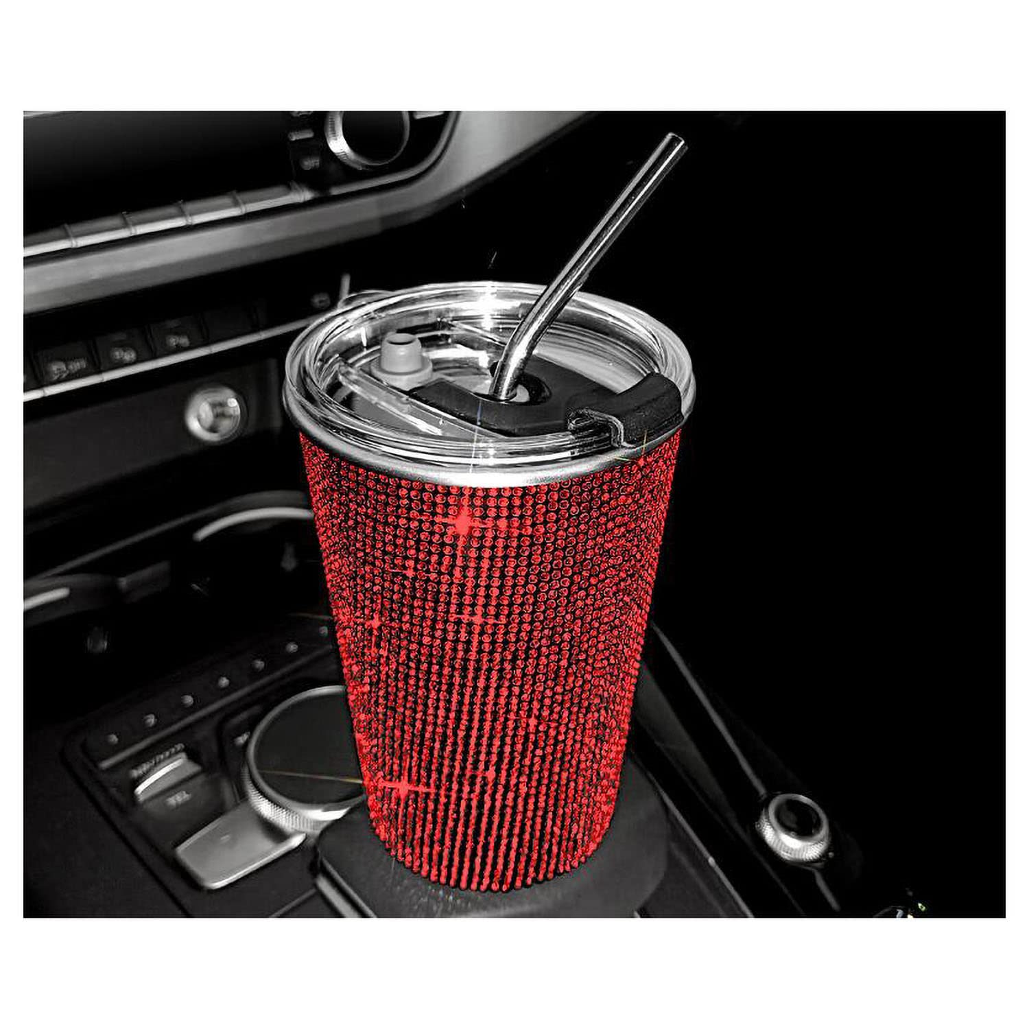 20oz Bling Stainless Steel Vacuum Insulated Tumbler with Rhinestones, Lid & Straw - Hot & Cold Thermal Travel Mug for Coffee, Tea, Water - Perfect for Office, Gym, Hiking & Car Commute - Red