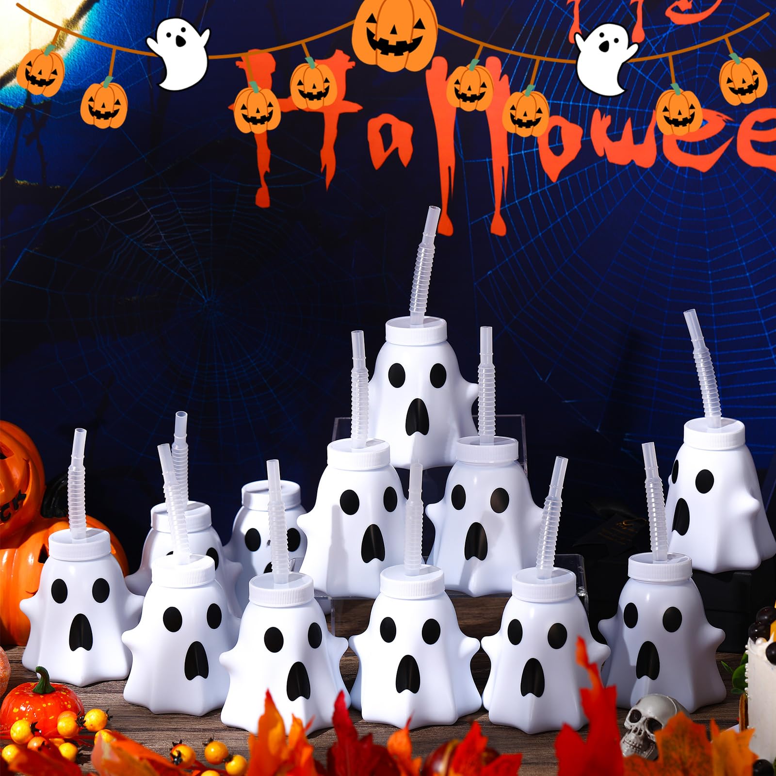 Umigy 24-Pack Halloween Ghost Shaped Cups with Lids & Straws - 10 oz Reusable Plastic Party Cups for Kids, Halloween Party Supplies - Perfect for Trick-or-Treat Drinks, Classroom Celebrations & Spooky Decorations