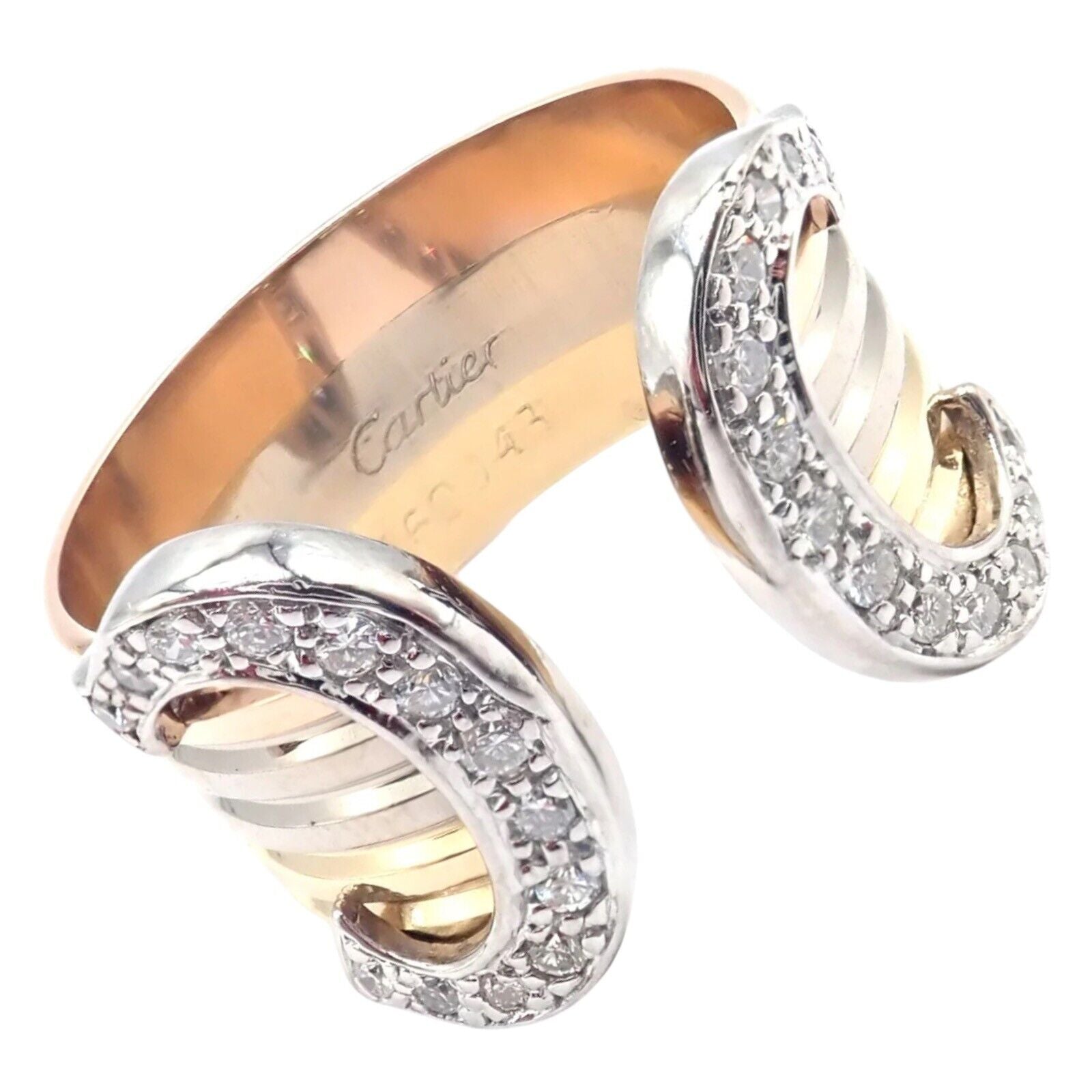 Authentic Cartier Diamond Double C 18k Tri-Color Gold Band Ring - Size 53 (US 6.25) - Luxury Jewelry for Women, Perfect for Weddings, Anniversaries & Special Occasions