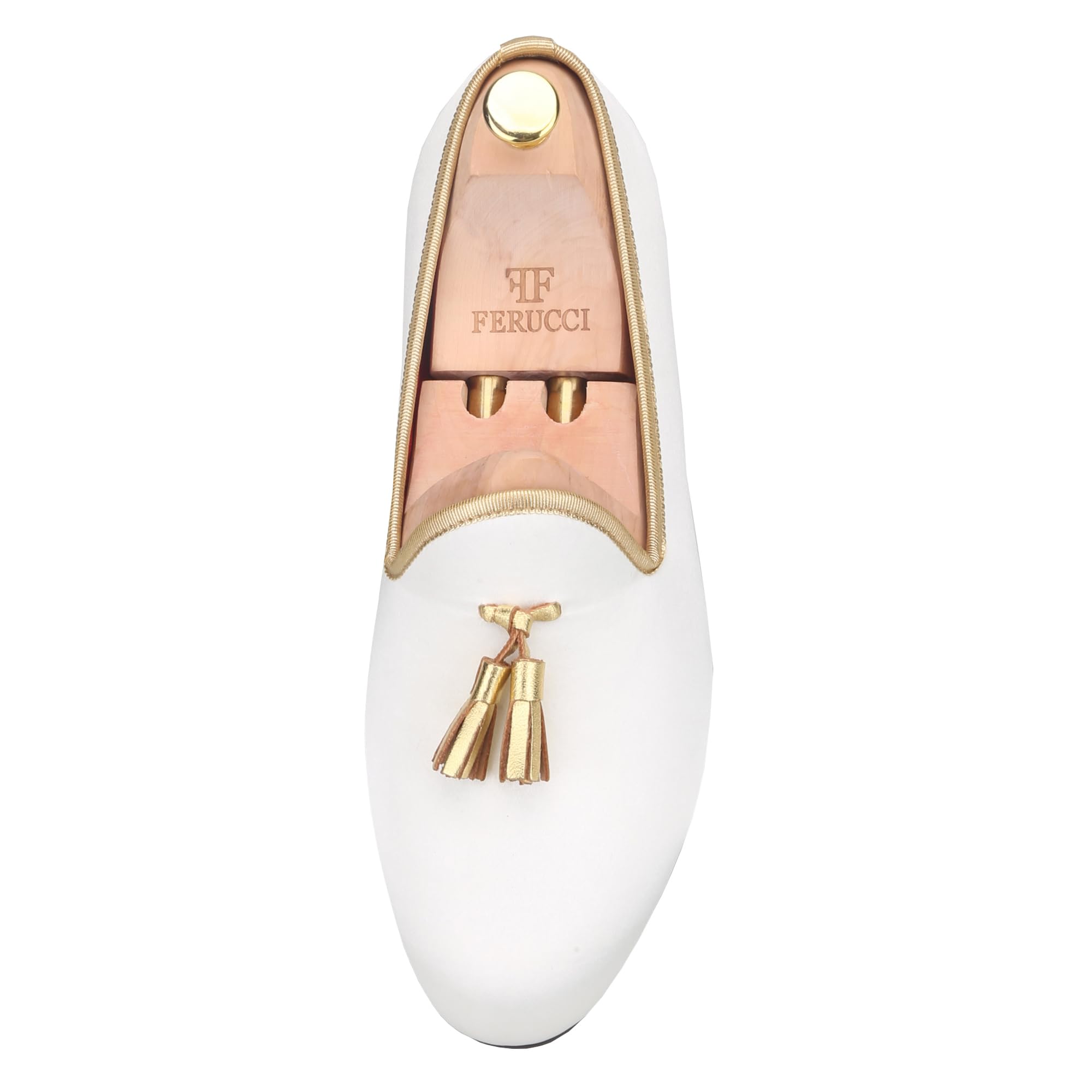 FERUCCI Handmade Men's Velvet Loafers with Gold Tassel - Luxurious White House Slippers for Indoor Comfort & Elegant Lounging