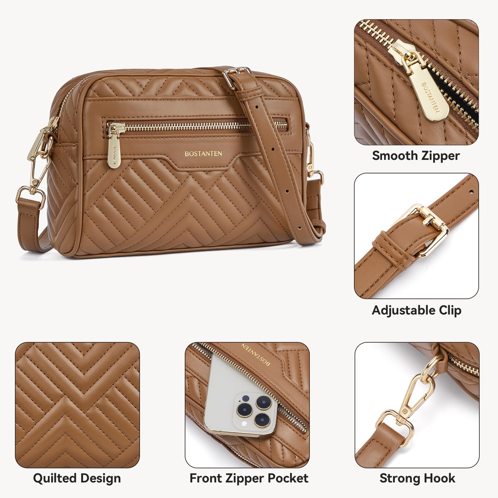 BOSTANTEN Women's Vegan Leather Crossbody Bag - Quilted Shoulder Purse with Adjustable Strap | Perfect for Work, Travel & Everyday Use